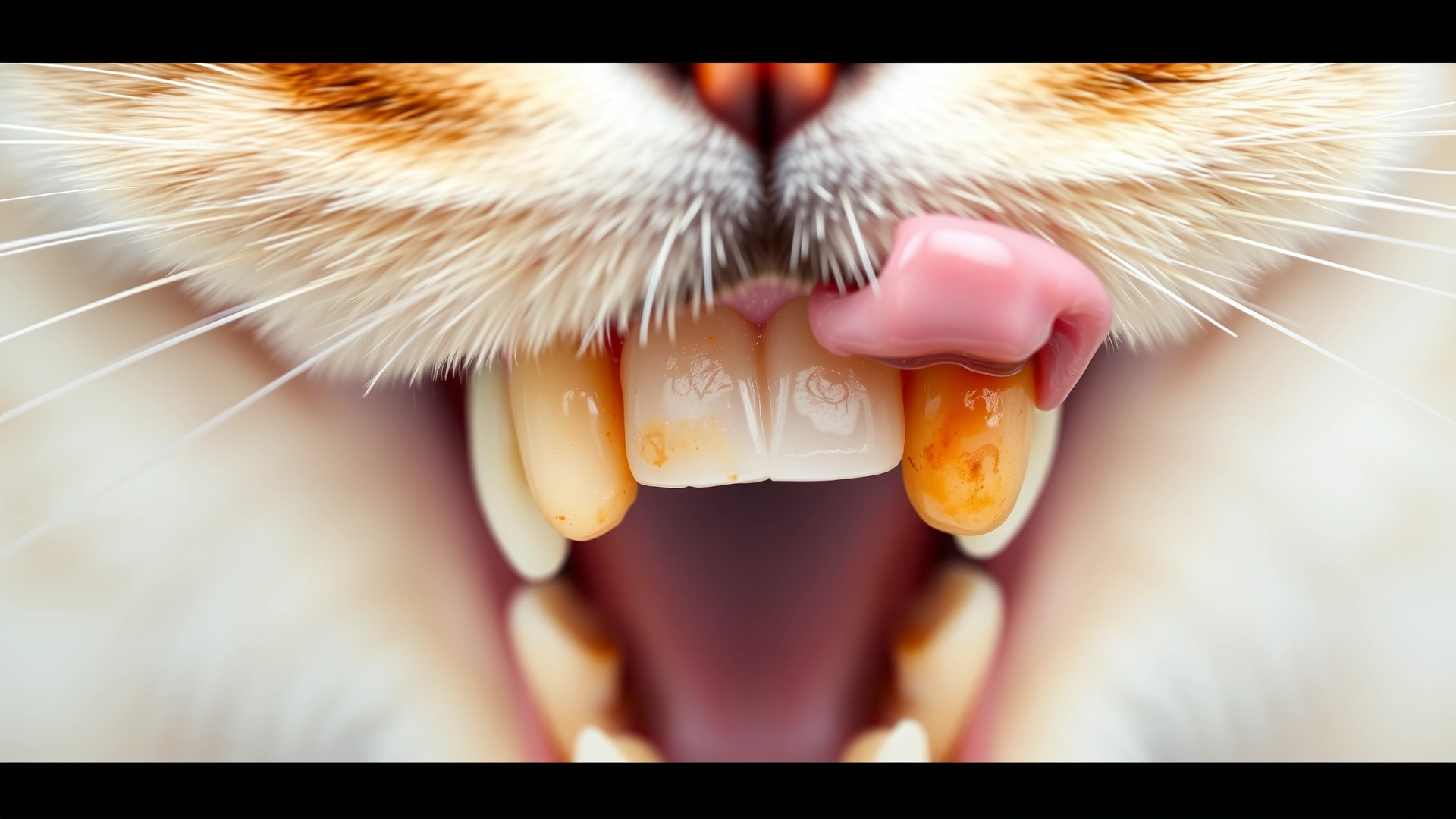 Extreme macro shot of a cat’s upper and lower teeth with visible yellowish tartar and a slightly pink incisor, isolated on a white background
