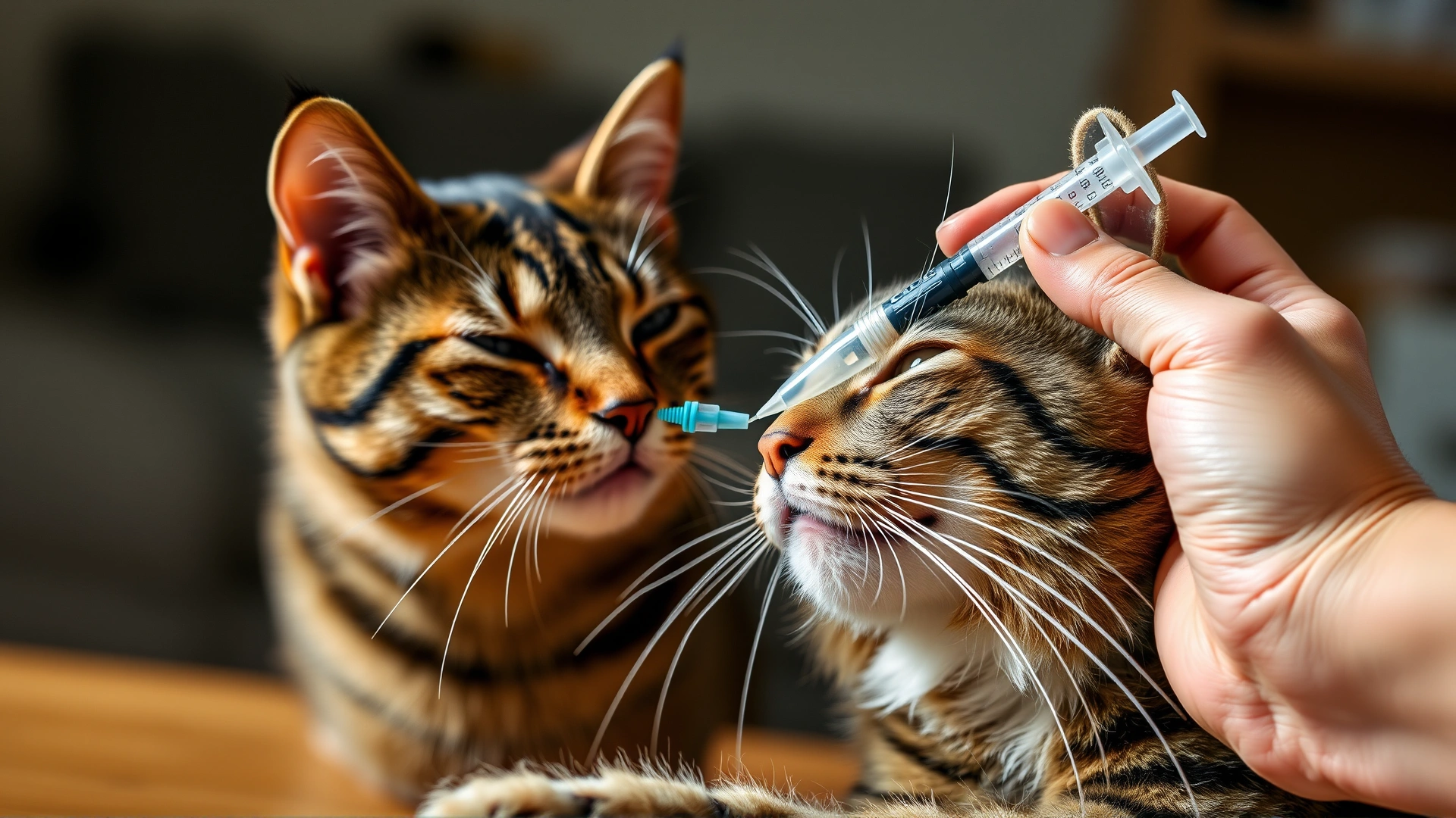Human hand gently giving oral medication with a plastic dosing syringe to a relaxed tabby cat at home, natural lighting