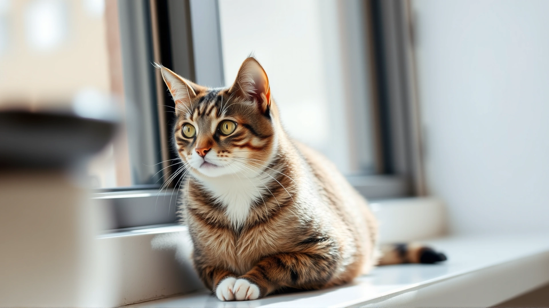 Domestic short-haired cat sitting on a windowsill looking thoughtful, natural daylight, shallow depth of field