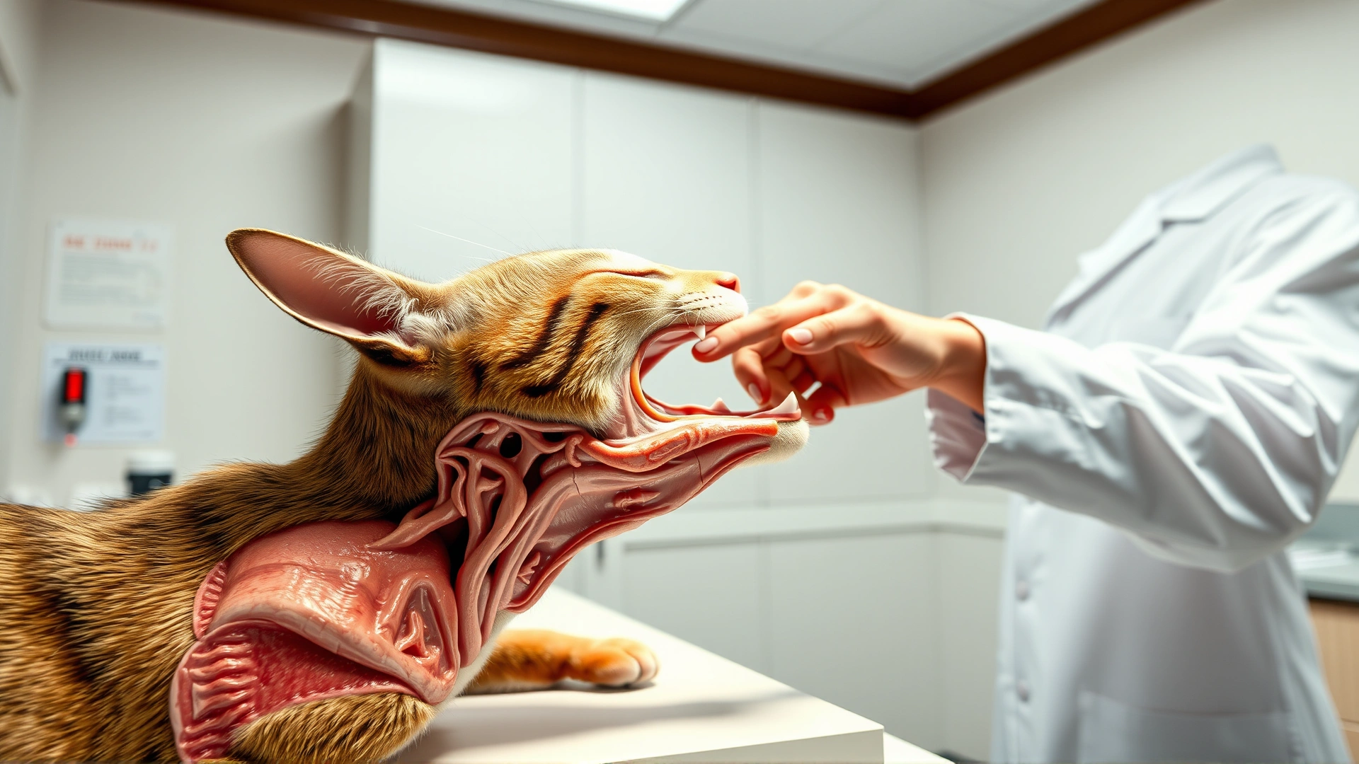 Illustrative photo of a veterinarian pointing at an anatomical model of a cat’s upper airway on a desk, no text labels, bright clinic lighting.