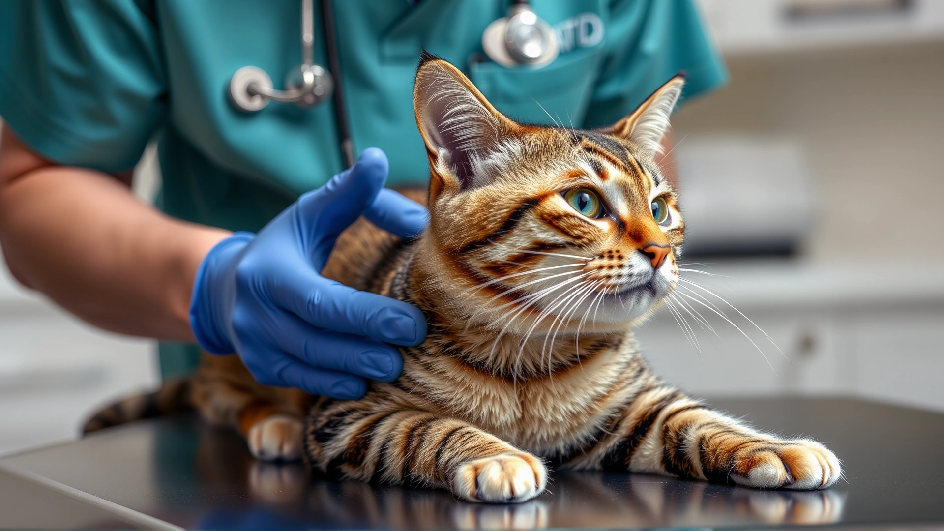 A veterinarian gently palpating the neck area of a tabby cat on an exam table to check the thyroid gland.