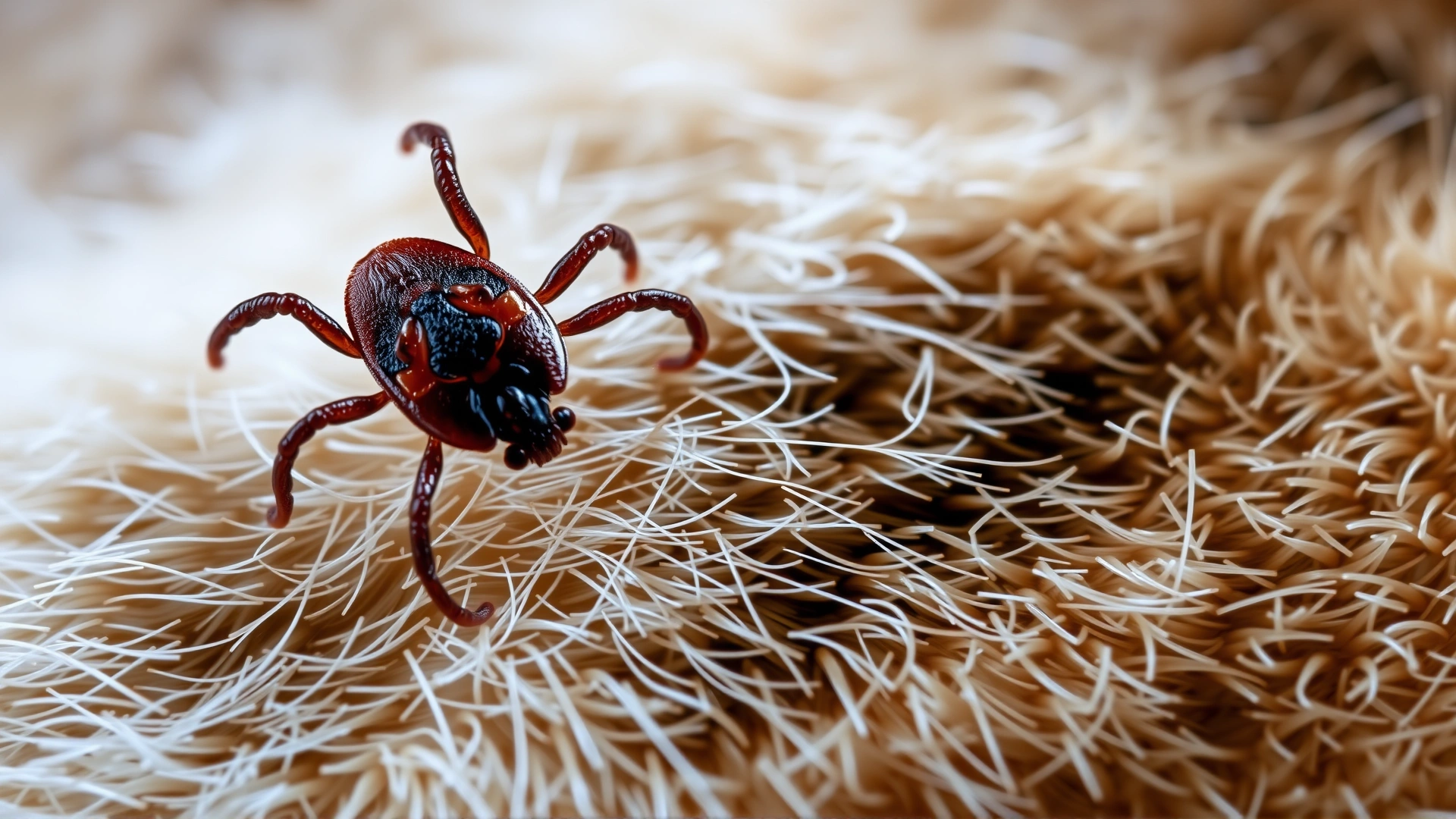 Macro shot of a Lone Star tick attached to the skin of a domestic cat, detailed view of tick and cat fur, high resolution, realistic.