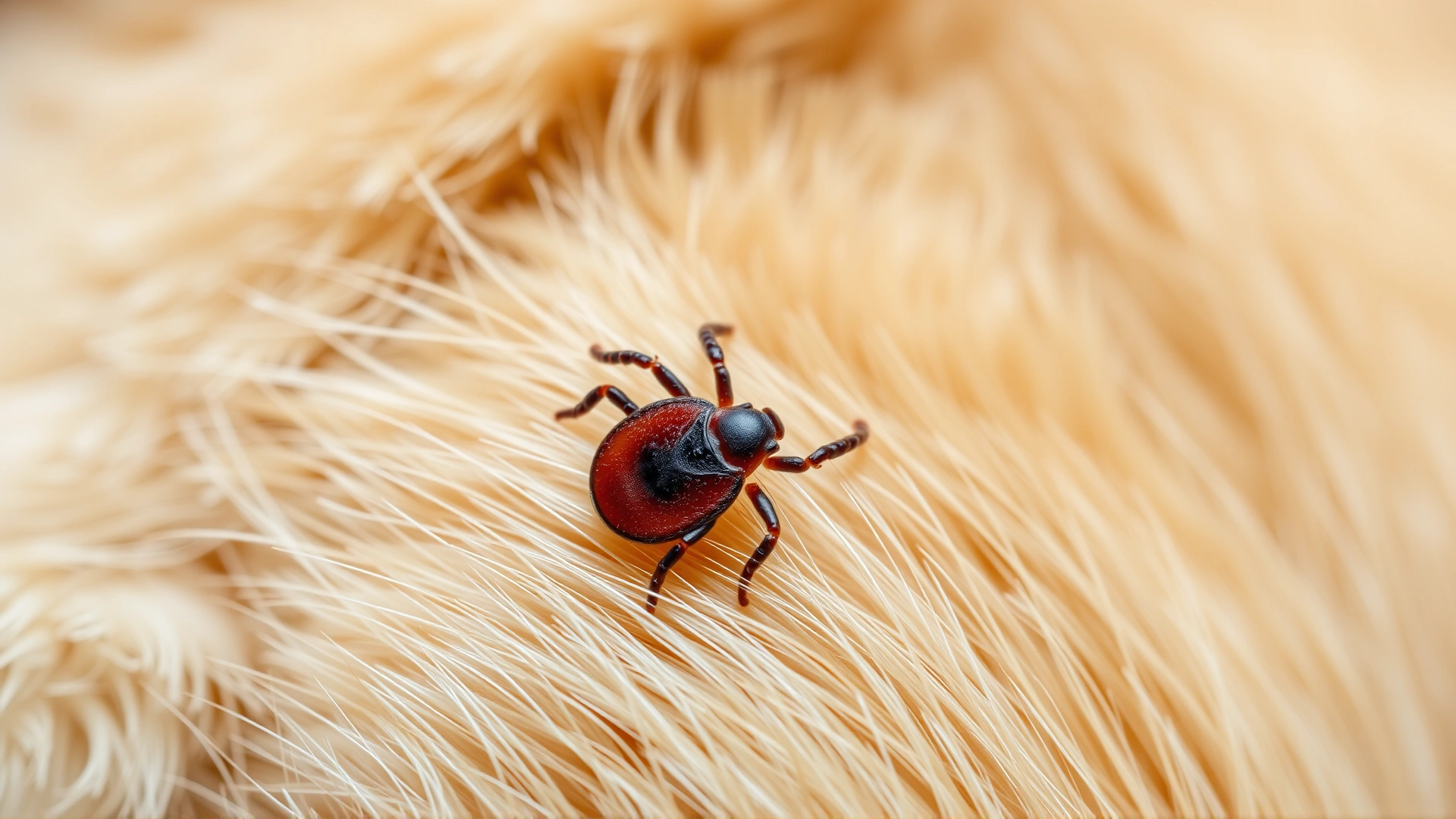 Macro shot of a tick attached to light orange cat fur, high detail, soft neutral background