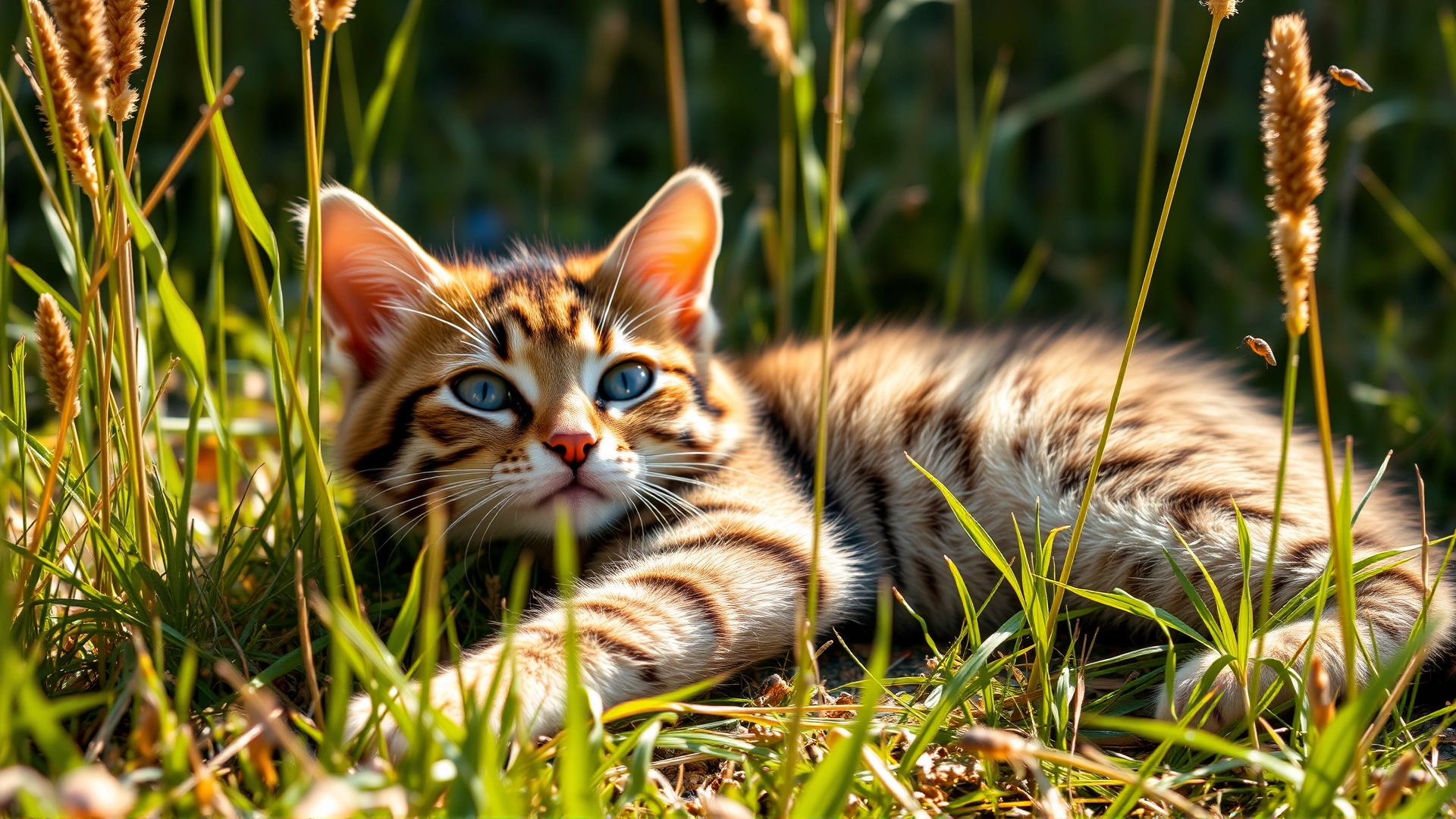 Playful cat lying in tall grass with small insects around, emphasizing tick habitat, warm sunny day.