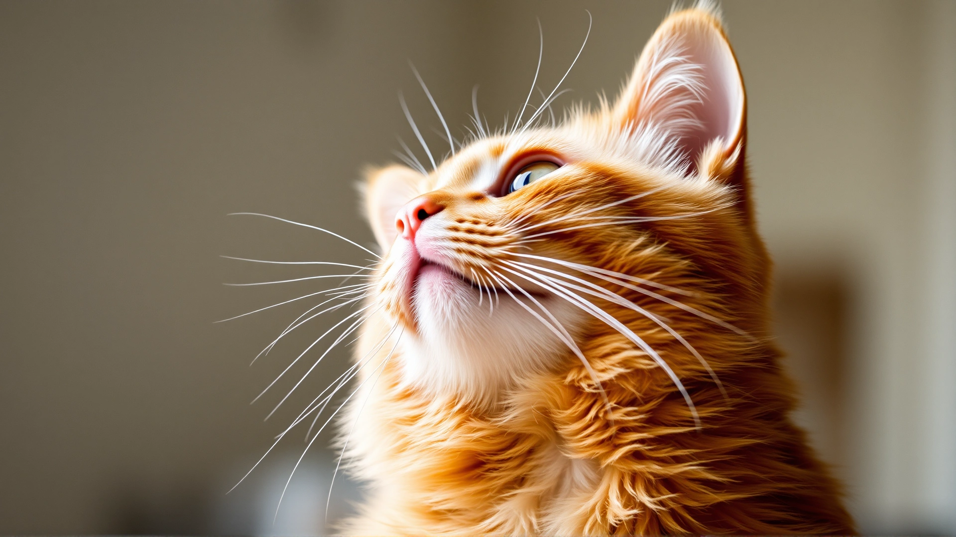 Close-up of a ginger cat tilting its head to one side while looking up, soft focus, indoor natural light.
