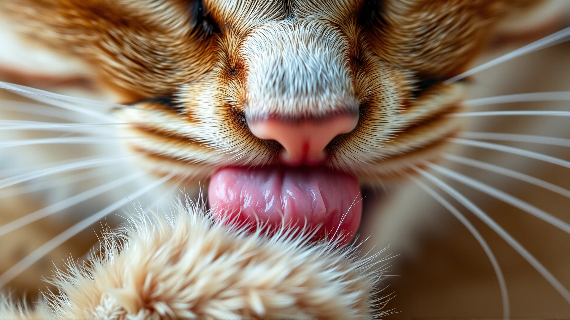 Extreme close-up of a cat's tongue while grooming its paw, clearly showing the rough papillae texture, high detail, no text