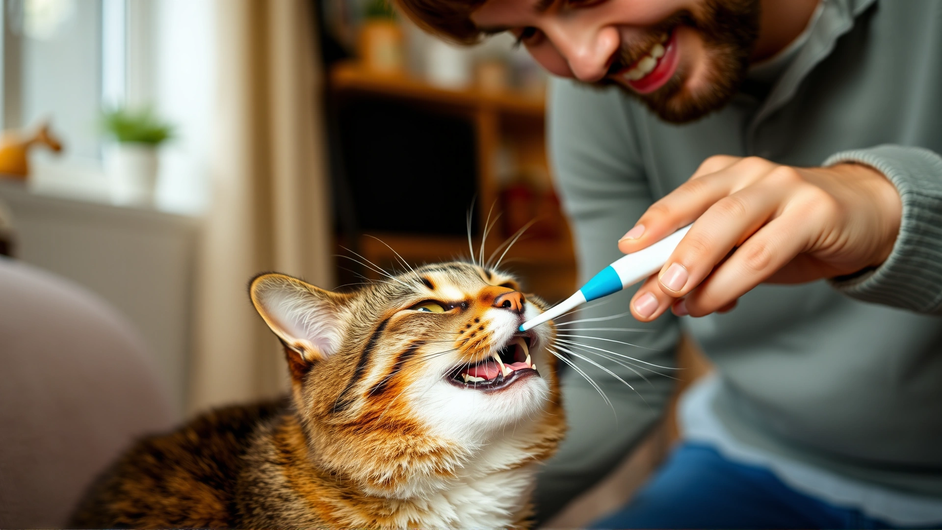 Owner brushing a tabby cat’s teeth with a small pet toothbrush in a cozy home setting, cat appearing cooperative.