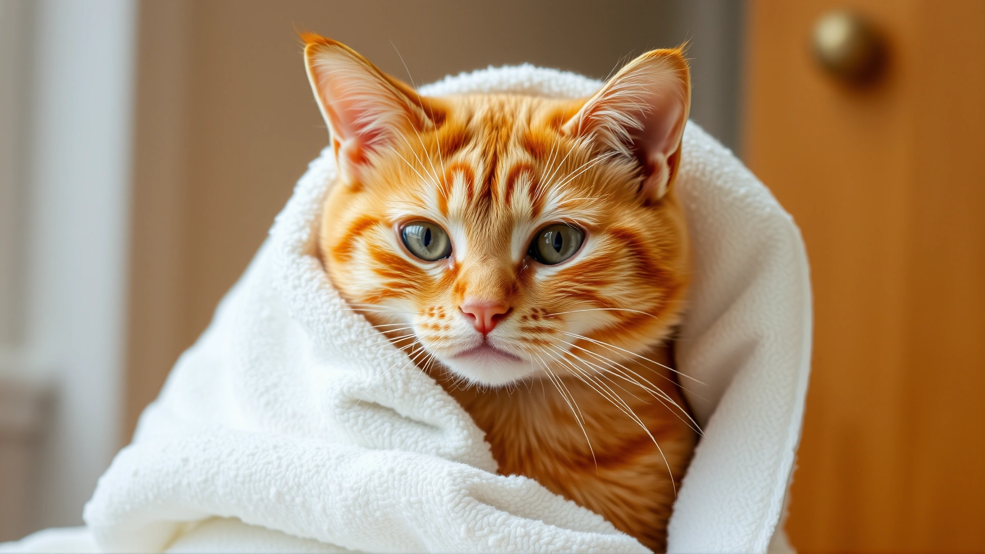 Orange domestic cat wrapped in a soft white towel being gently dried, cozy indoor setting.
