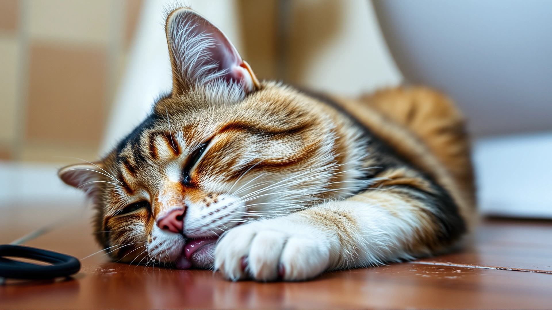 Sick-looking cat drooling slightly and appearing lethargic while lying on a bathroom floor, soft focus on face to show discomfort