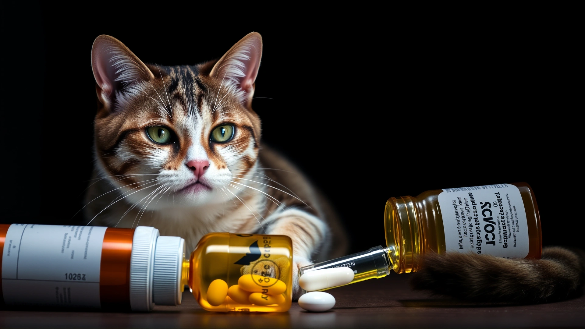 A worried-looking domestic short-hair cat with slightly swollen face sitting beside an open medicine bottle, dimly lit to imply urgency