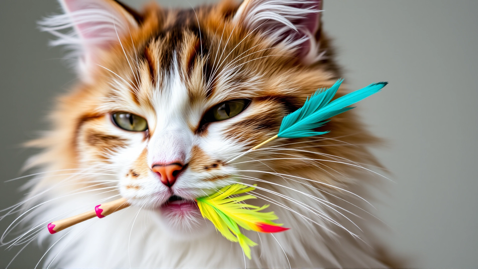Close-up of a fluffy cat holding a colorful feather wand toy in its mouth, blurred background, bright colors.