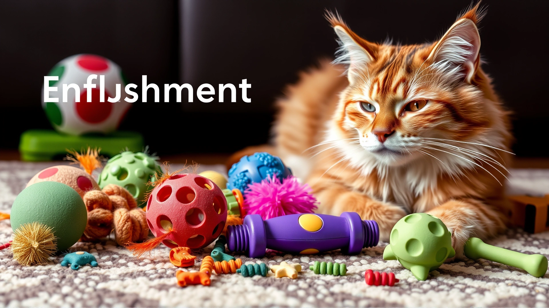 A variety of colorful cat toys scattered on a rug next to a relaxed cat, emphasizing enrichment.