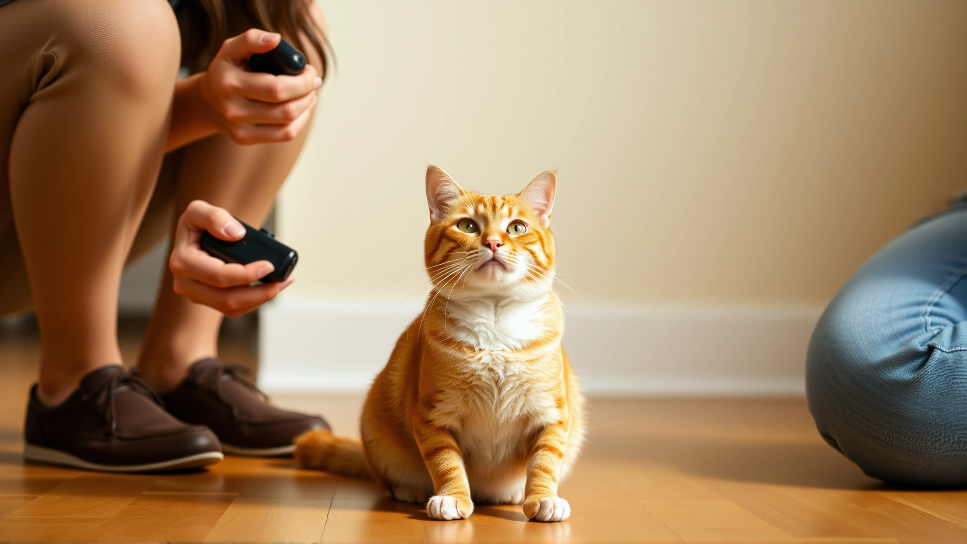 An owner using a clicker and treats to train a ginger cat to sit on command, wooden floor, natural daylight