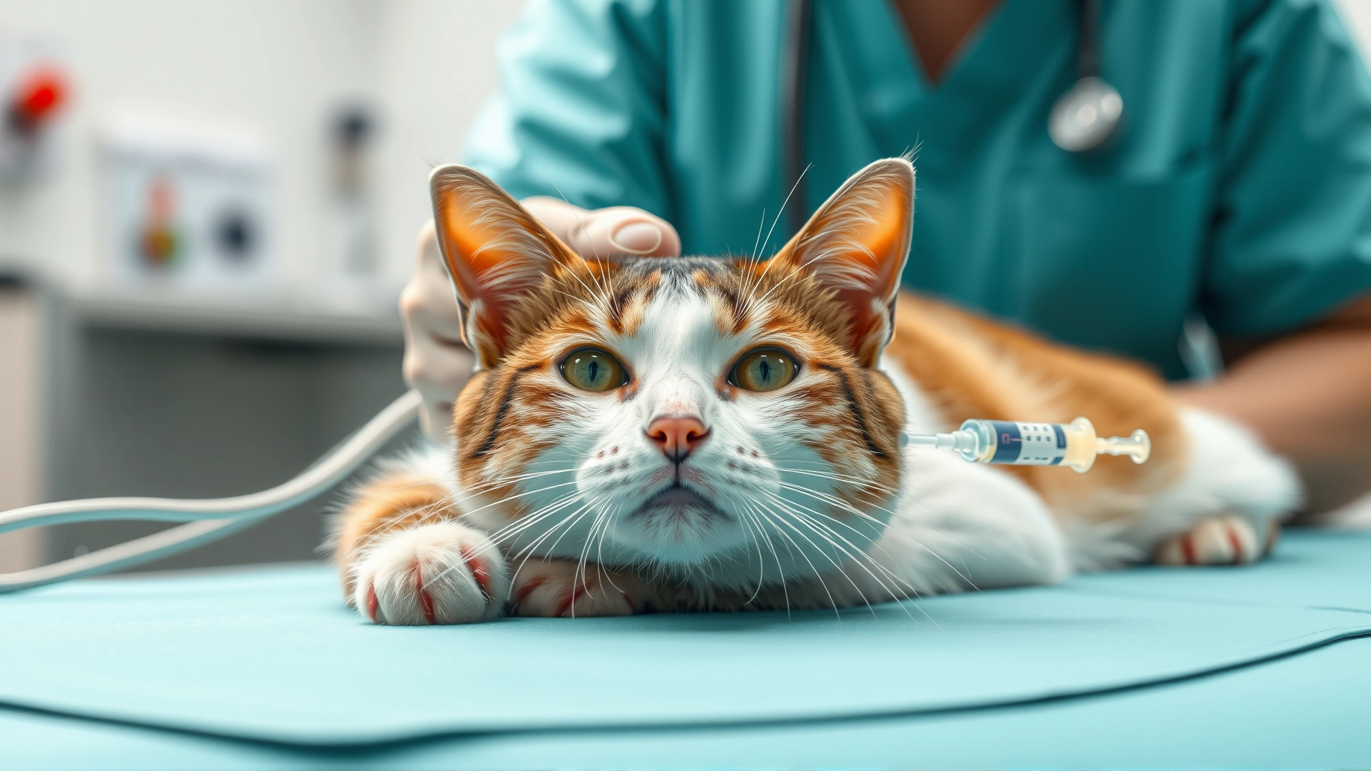 Cat lying on veterinary table receiving intravenous transfusion, IV line secured gently, caring staff