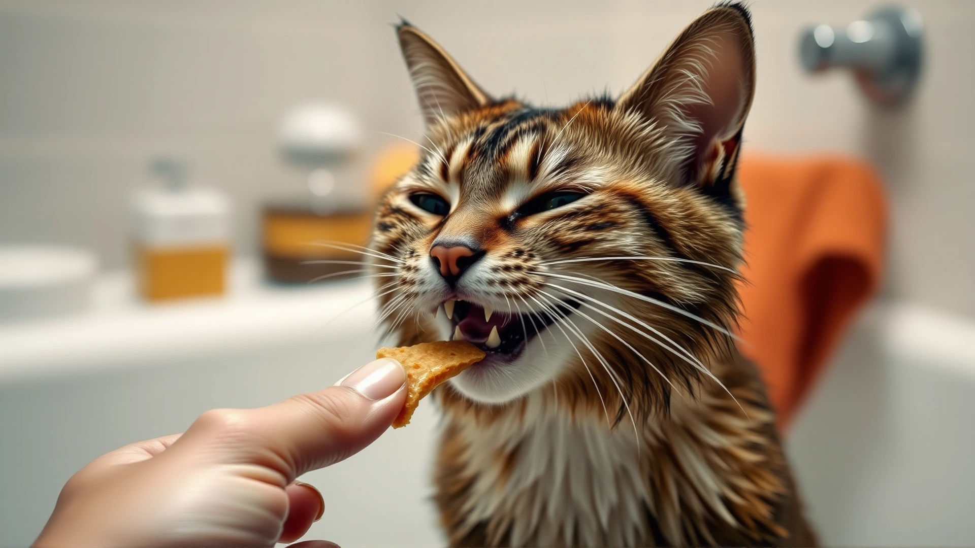 Photo of a happy wet cat receiving a treat from its owner’s hand, with a cozy bathroom background.