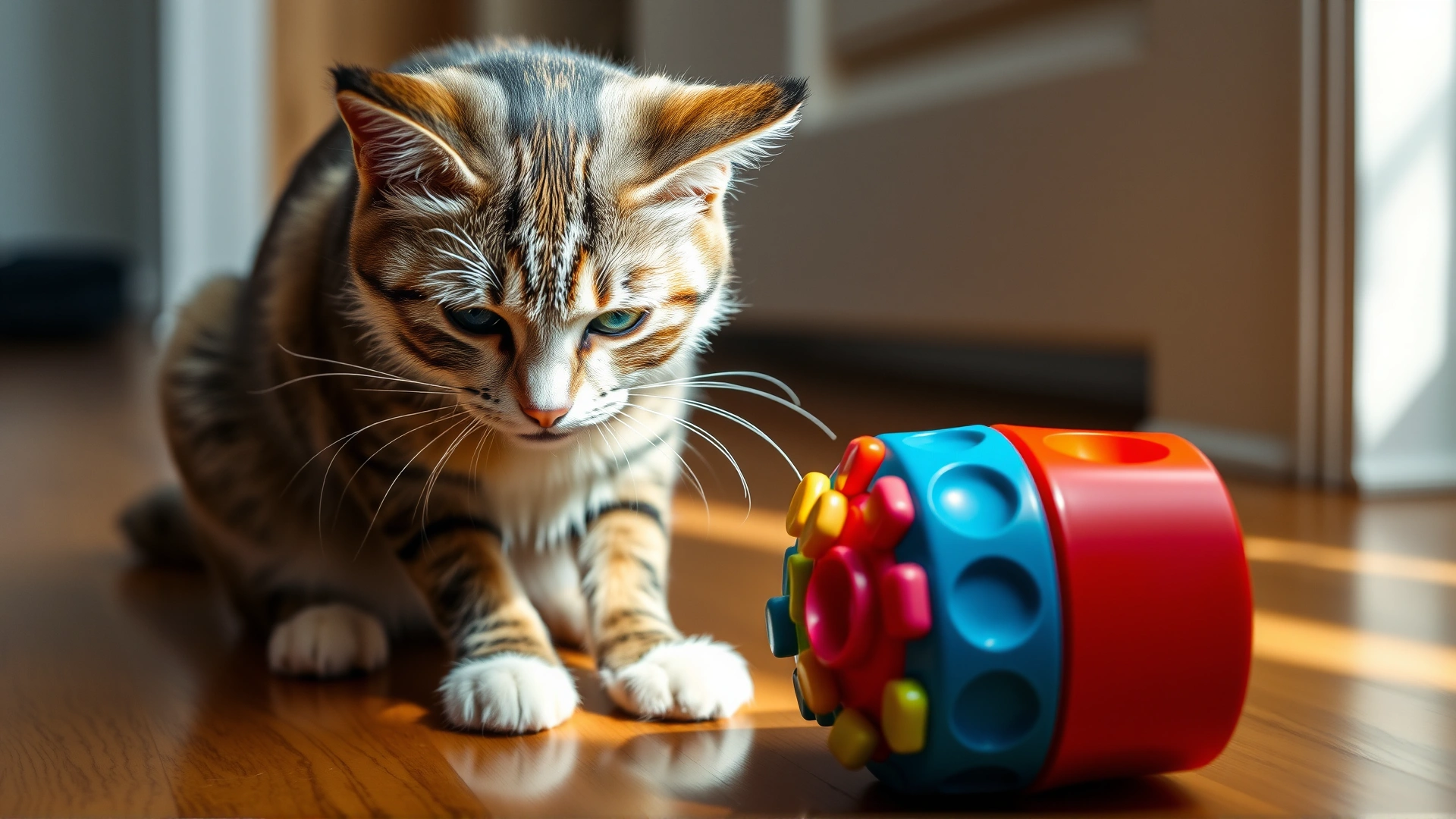 Cat interacting with a colorful treat-dispensing puzzle toy on a wooden floor, focused expression, natural light