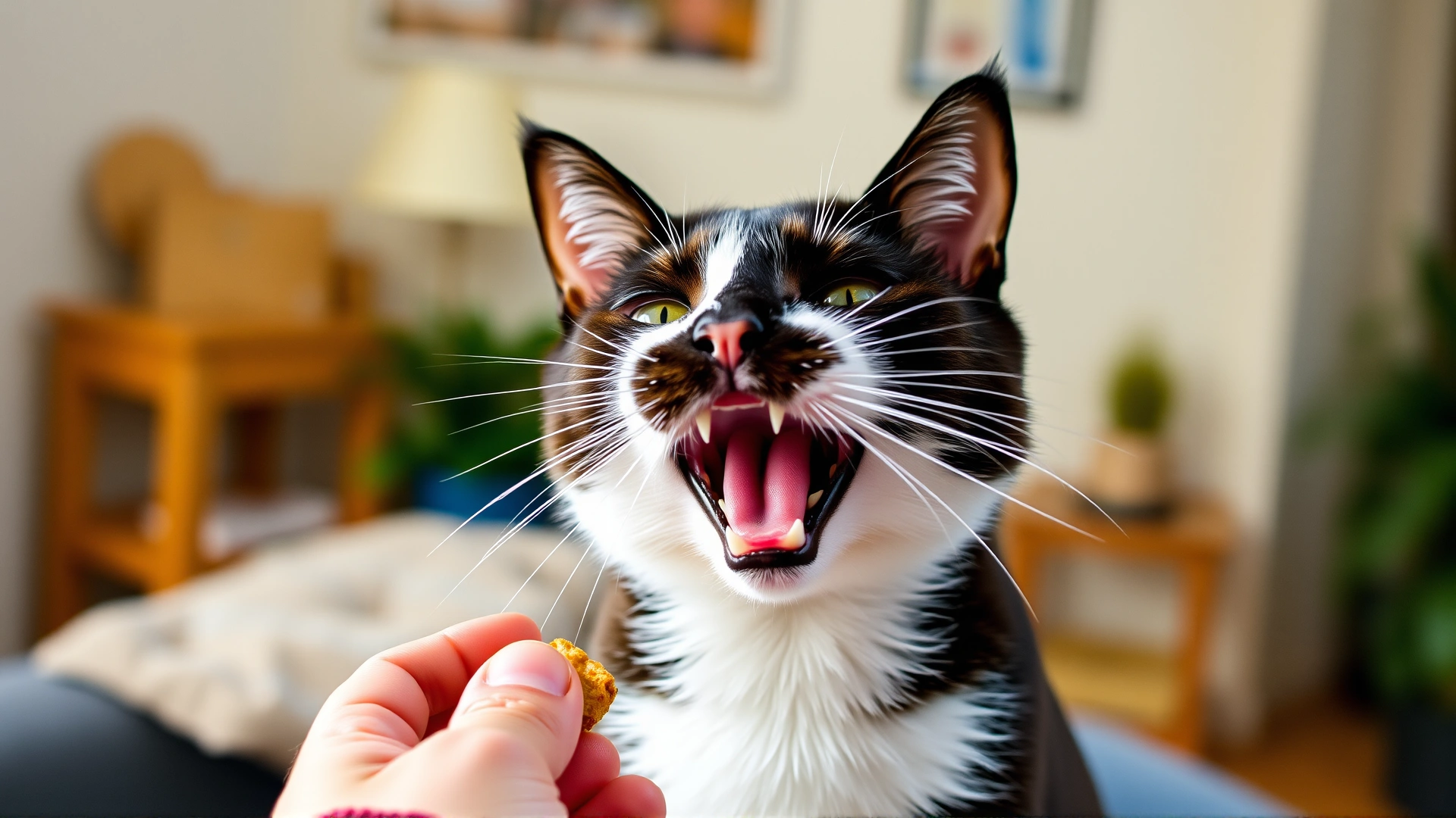 Happy tuxedo cat eagerly taking a chewable treat from its owner's hand, warm home interior