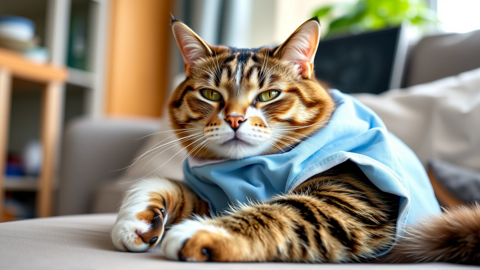 Cat recovering post-surgery wearing a soft medical recovery shirt, resting comfortably in a cozy home environment.