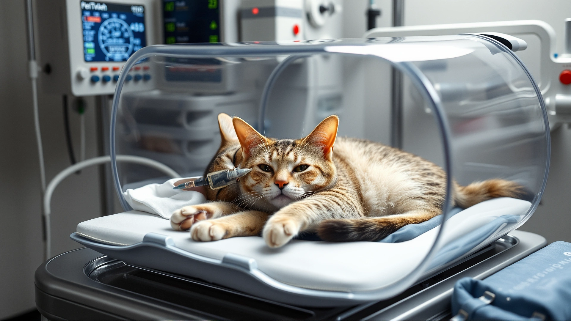 Hospitalized cat lying in a transparent oxygen chamber with an IV line attached, monitored by medical devices in a veterinary ICU.