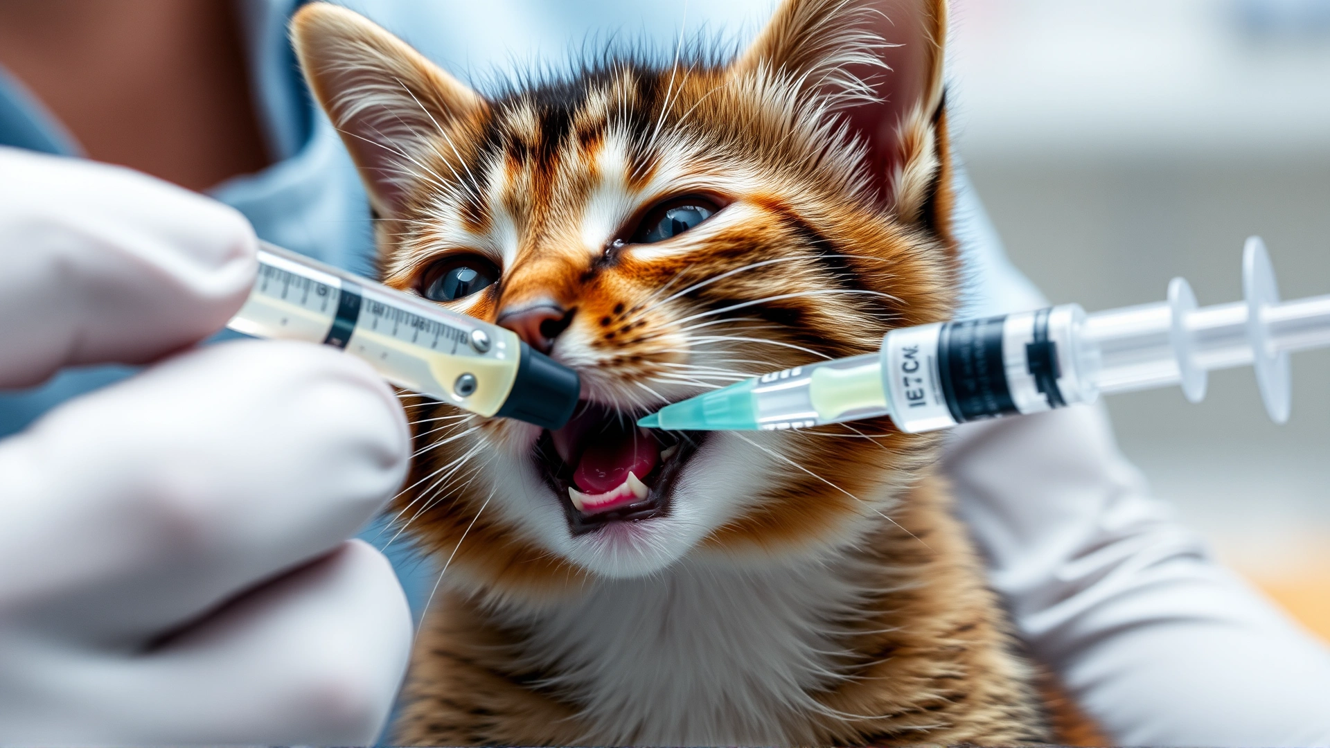 Close-up shot of a veterinarian administering liquid medication from a syringe into a small cat's mouth, highlighting precise treatment.