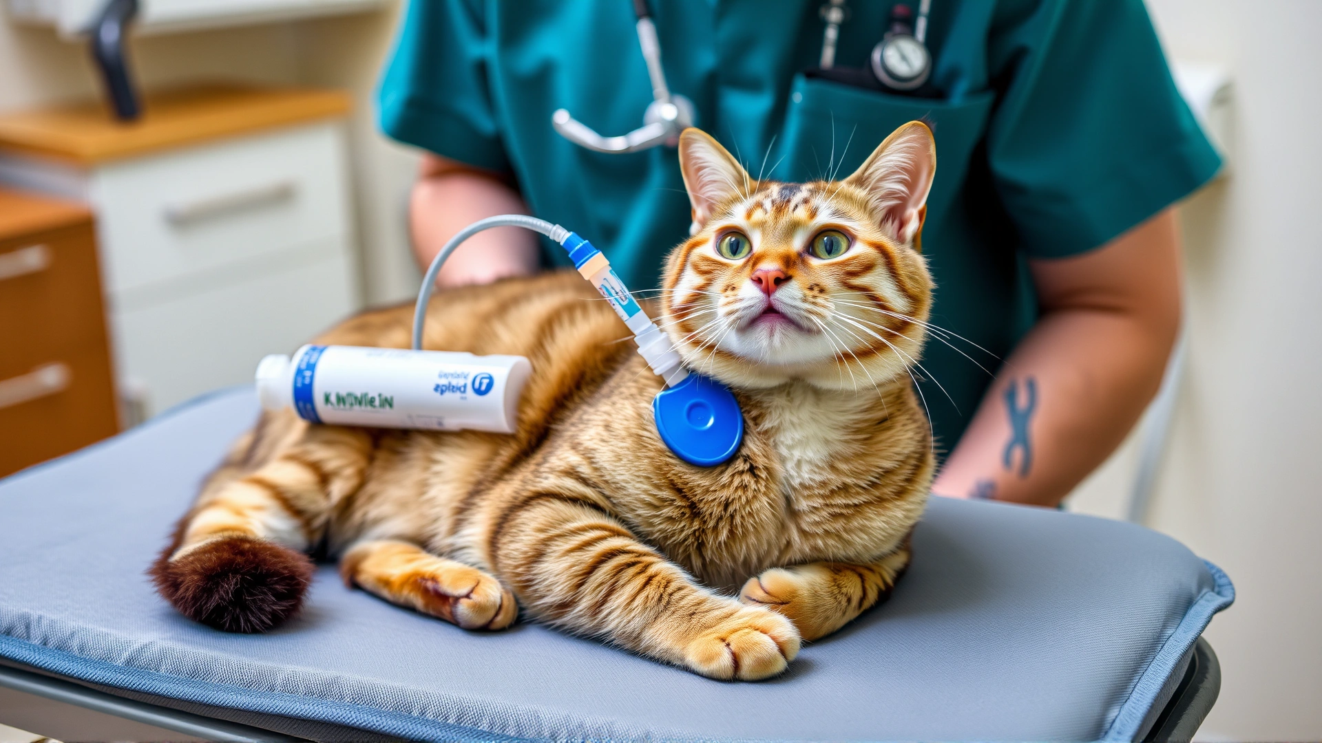 Cat receiving gentle subcutaneous fluid therapy on a padded examination table, with a caring vet and calm clinical environment.
