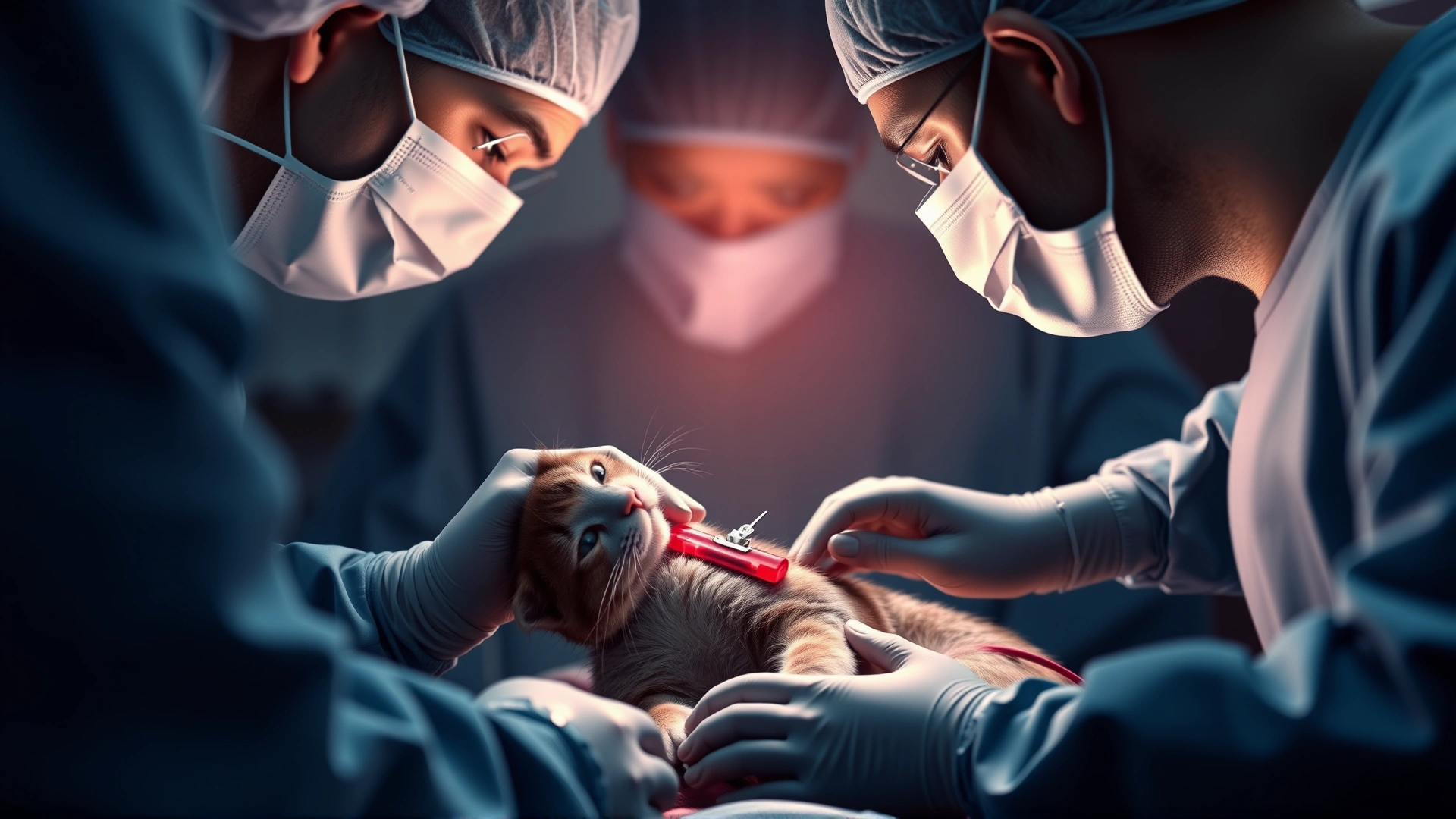 Illustrative photo of a surgical team implanting a pacemaker in a cat, soft focus on the sterile field, no explicit gore visible.