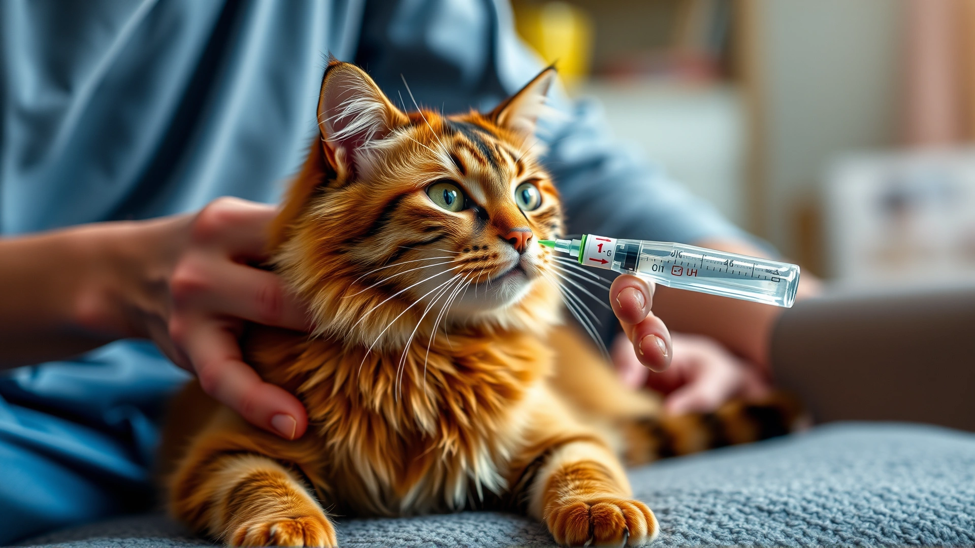 Indoor image of an owner giving liquid medicine to a cat using a syringe, demonstrating treatment at home.