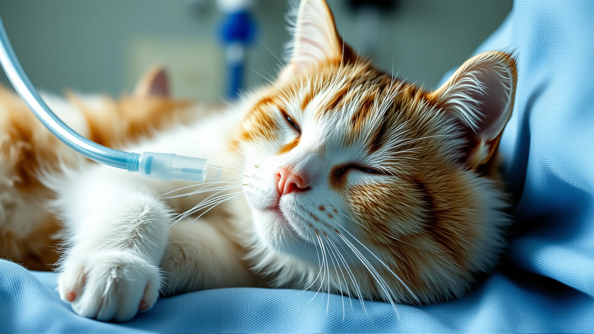 Hospitalized cat resting comfortably with a nasogastric feeding tube, monitored by caring staff.