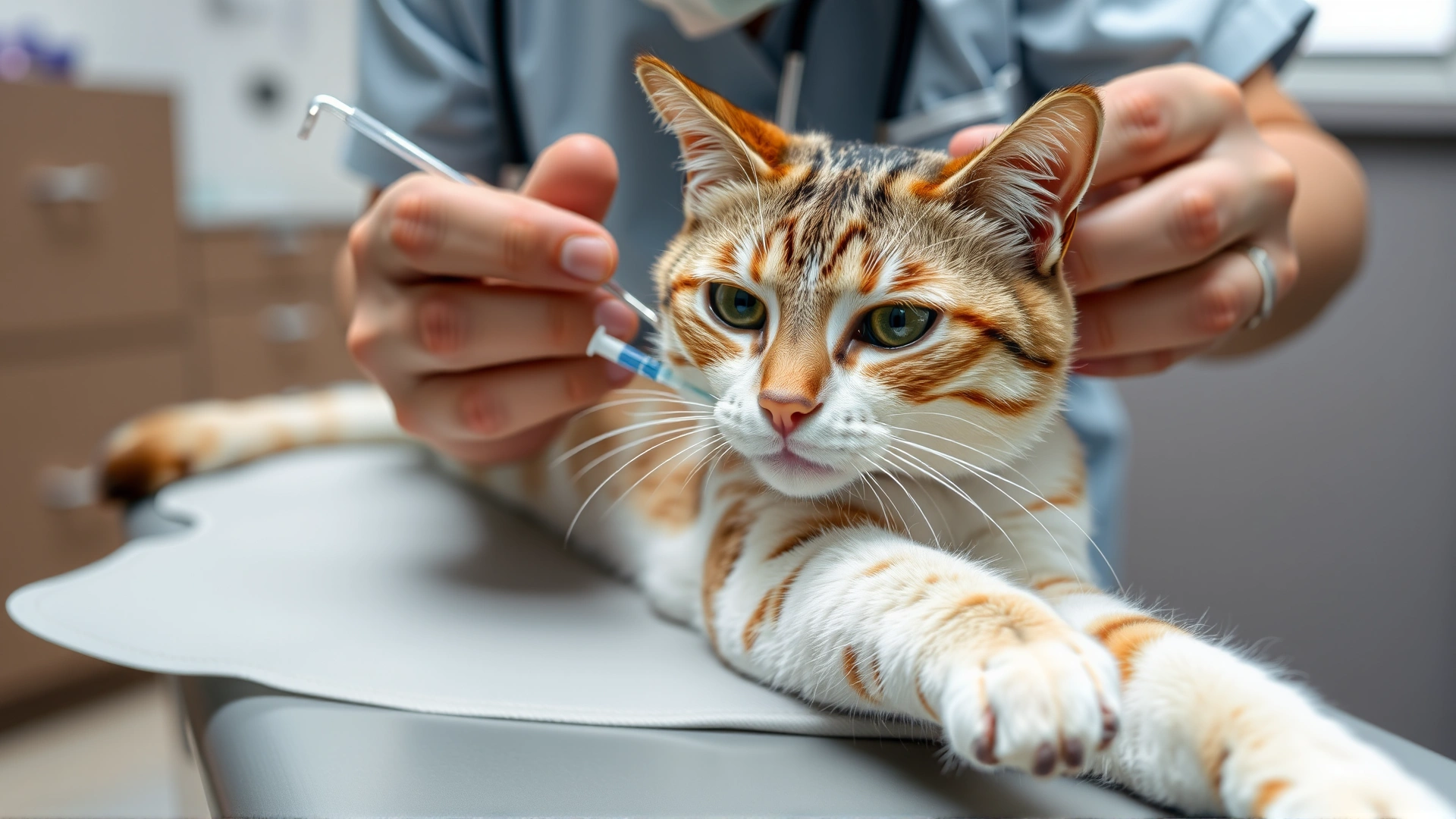 Veterinarian inserting an intravenous catheter into the foreleg of a calm domestic cat on a padded exam table, focus on gentle handling, no text.