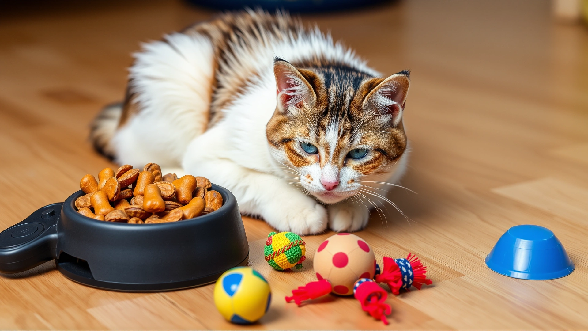 Small bowl of cat treats next to a clicker training device and colorful toys on the floor