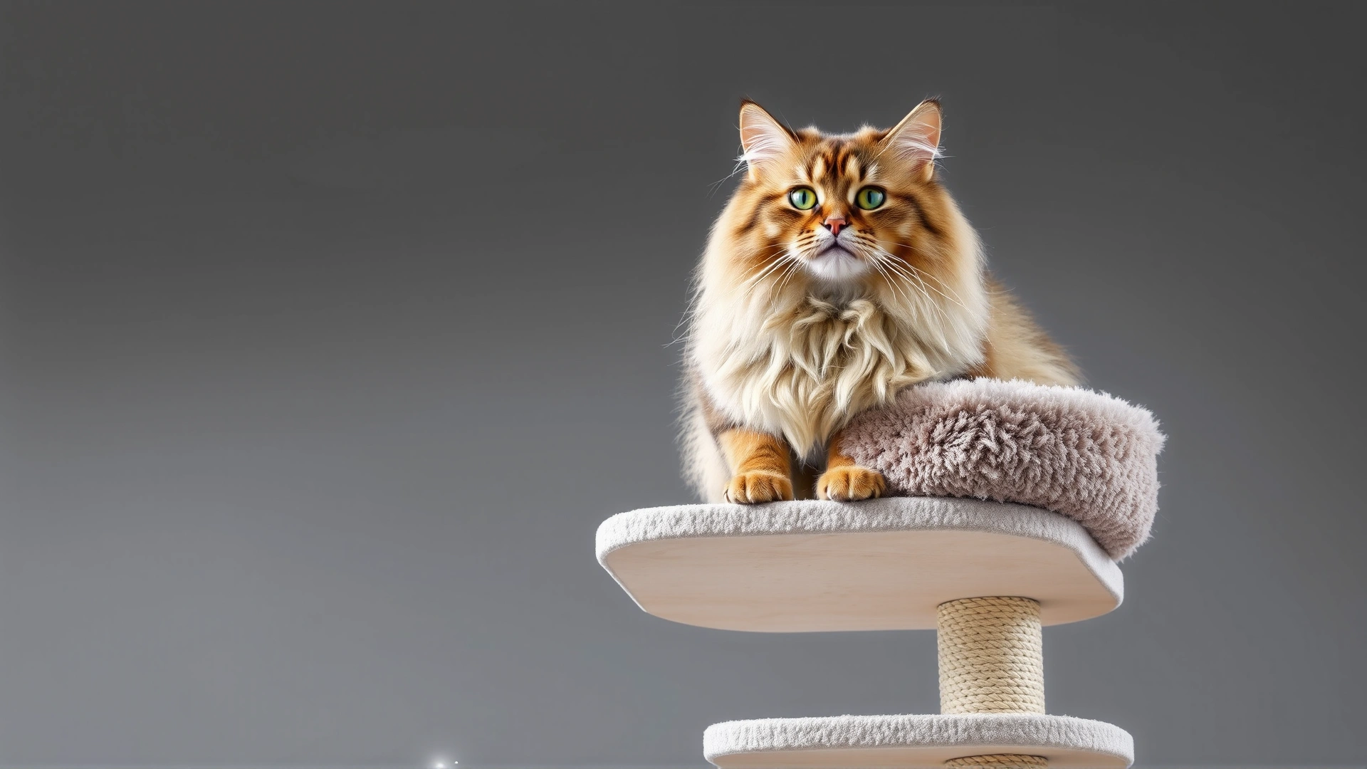 Siberian cat perched proudly on the highest platform of a modern multi-level cat tree