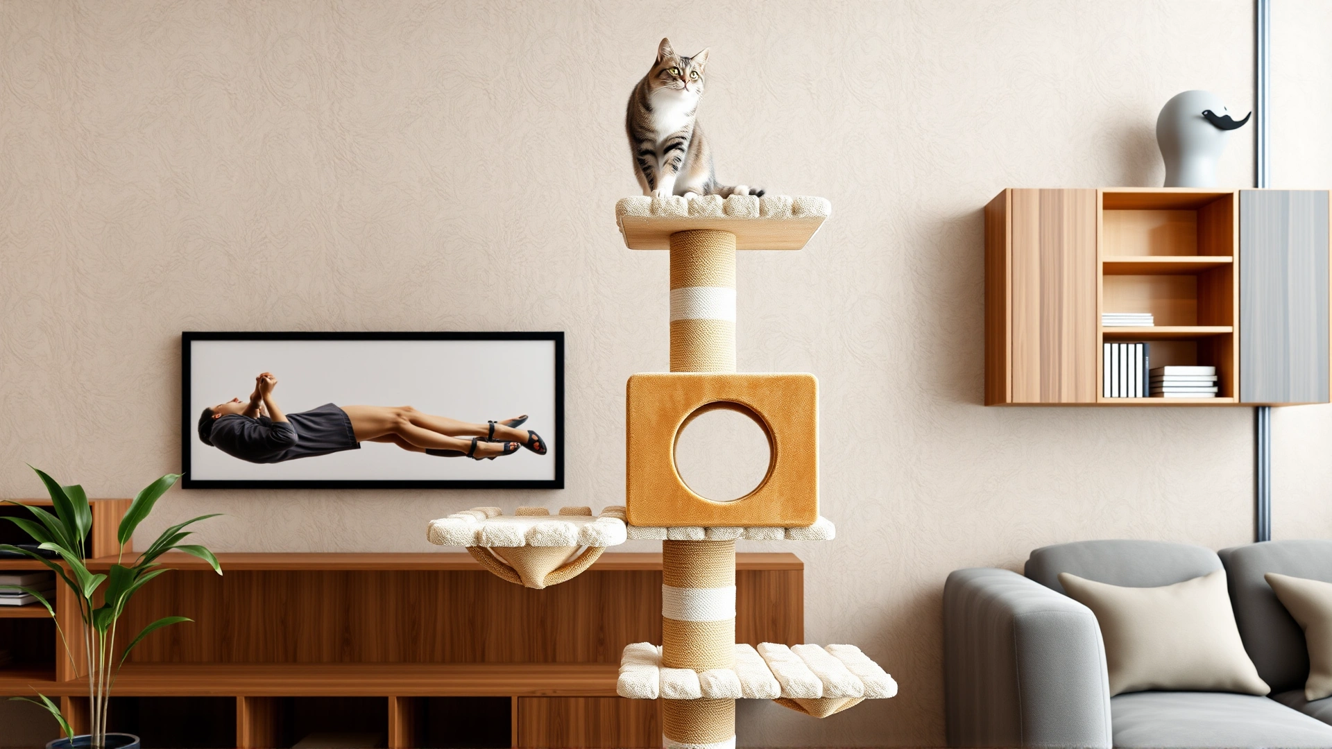 Stylish multi-level cat tree against a modern apartment wall, cat climbing to top perch