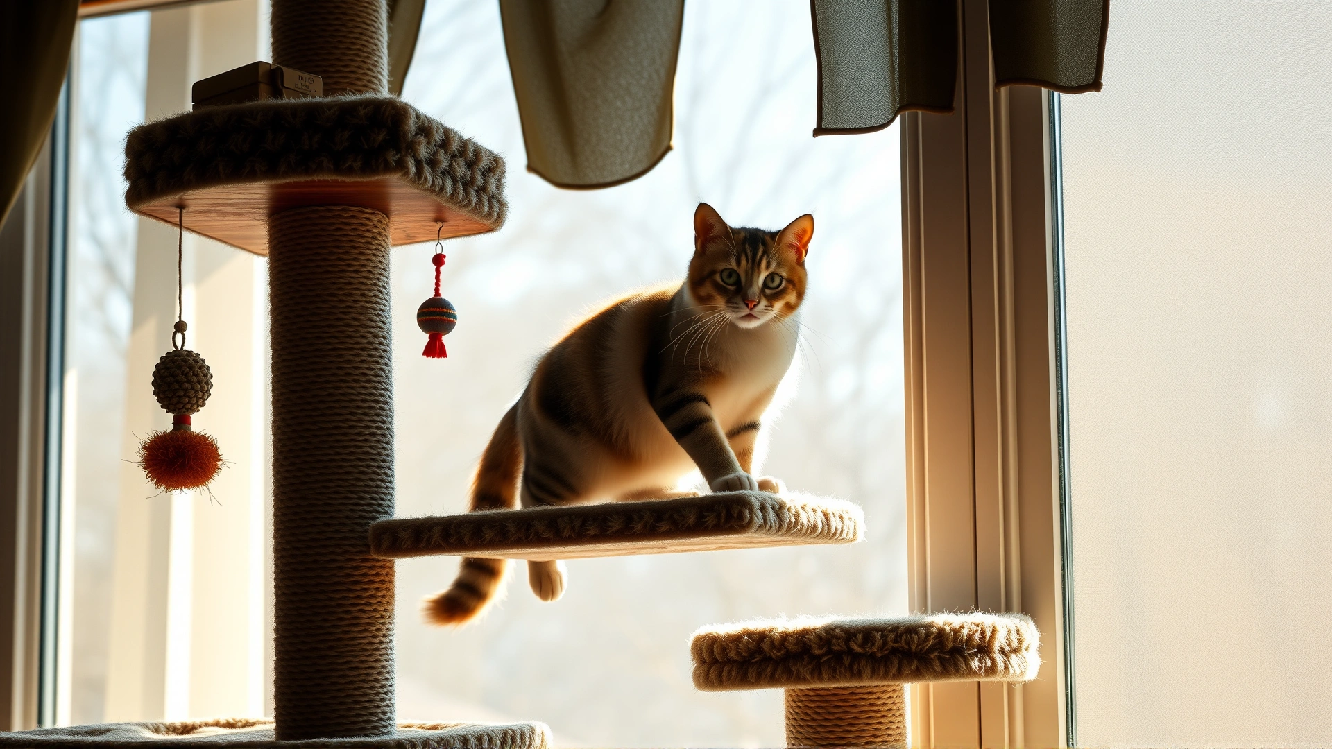 Cat climbing a multi-level cat tree near a window, sunlight streaming in, toys hanging from the platforms