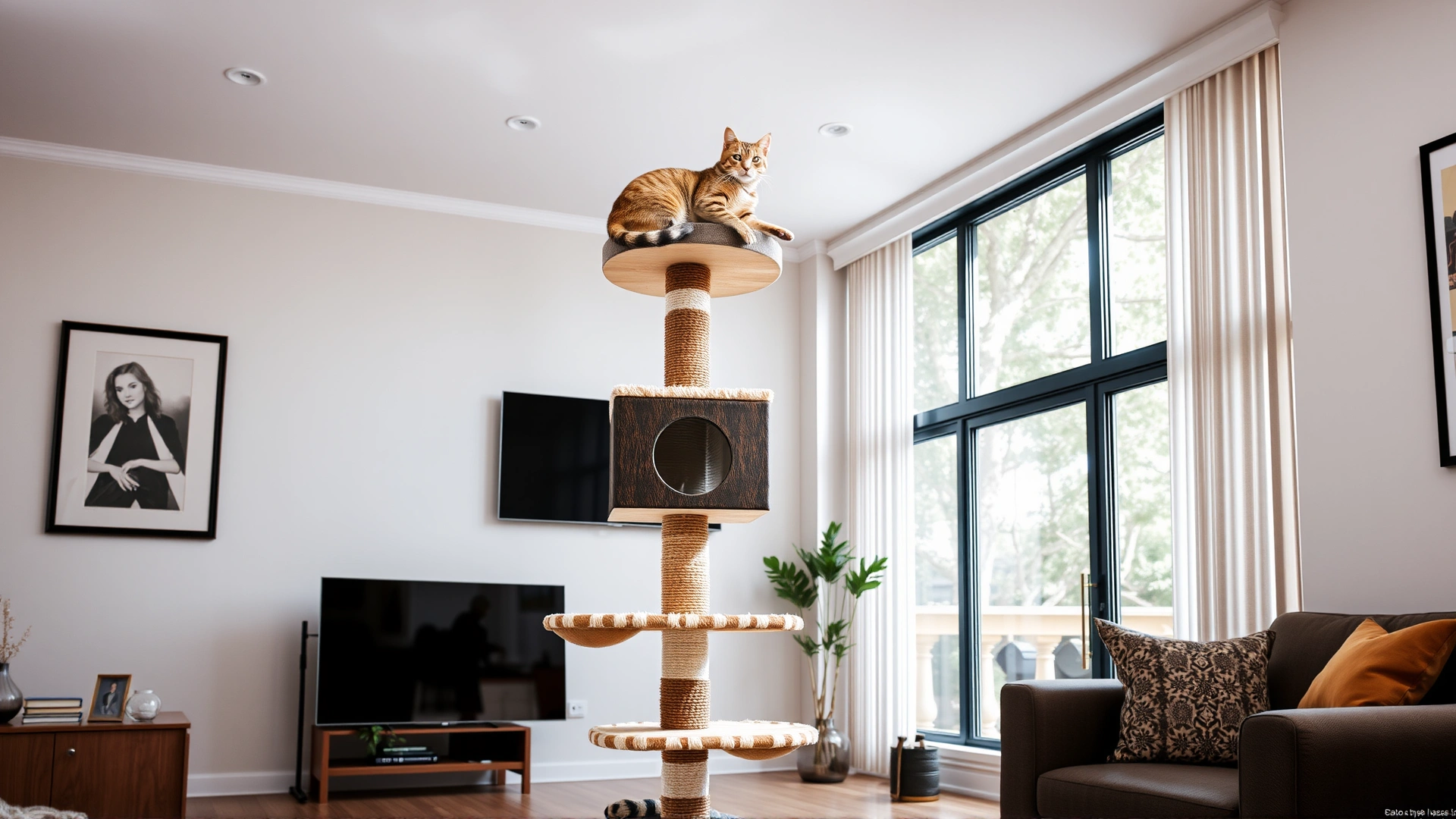 A stylish floor-to-ceiling cat tree in a living room, with a tabby cat lounging on the top perch.