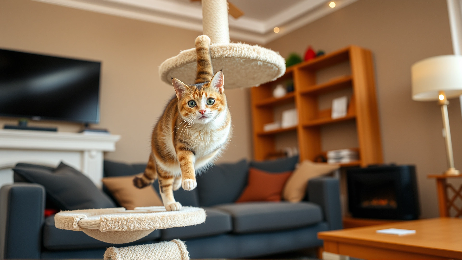A playful cat climbing a multi-level cat tree with scratching posts in a cozy living room.