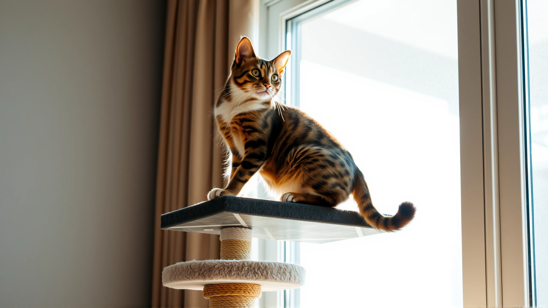 California Spangled cat perched at the top of a tall modern cat tree by a sunlit window, indoor setting