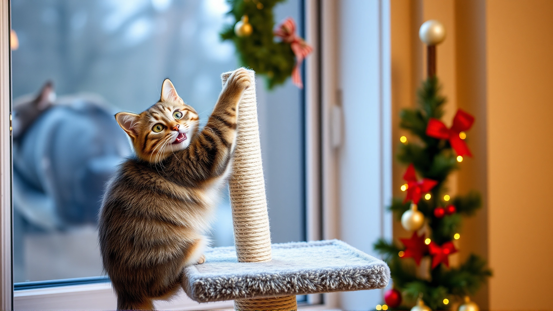 Happy cat climbing a tall scratching post cat tree placed near a window with holiday decorations in the background.