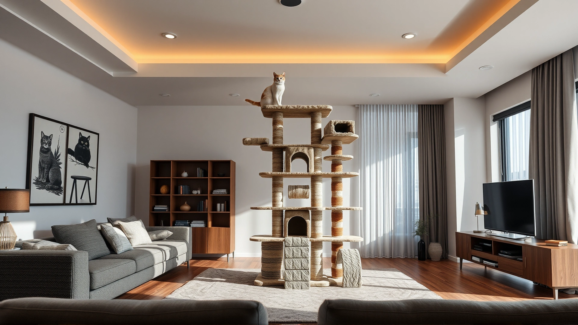 Wide shot of a modern living room with an elaborate multi-level cat tree and various scratching posts, demonstrating vertical space.