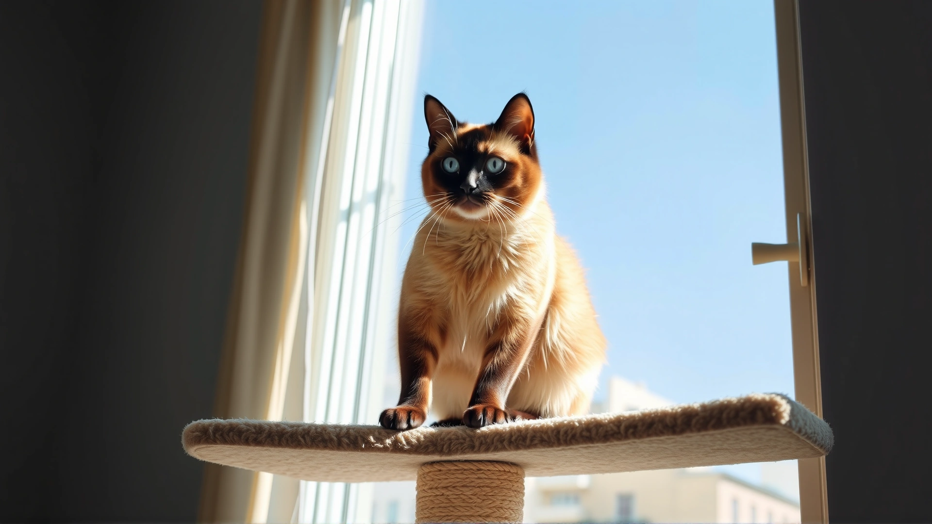 Balinese cat perched confidently on the highest platform of a tall cat tree against a sunny apartment window.