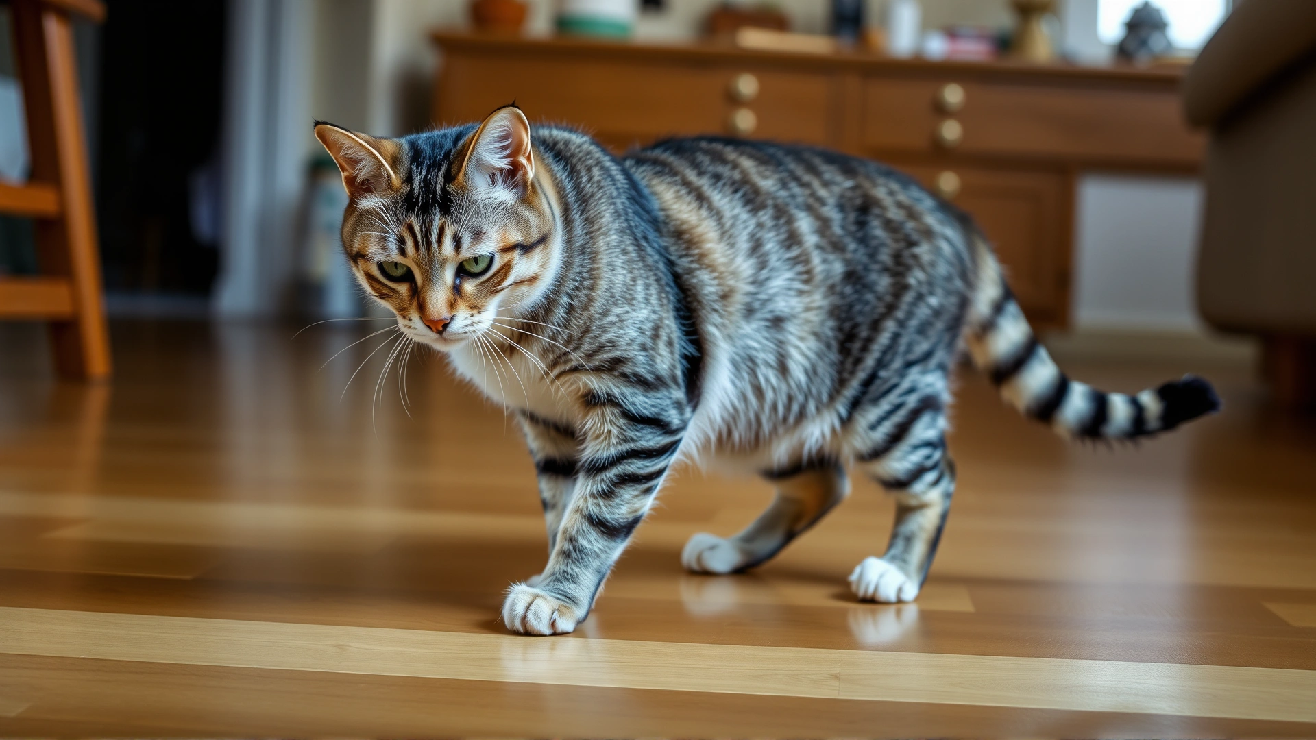 Mid-shot of a tabby cat exhibiting a subtle body tremor while standing on a hardwood floor, illustrating the symptom in a natural home environment.