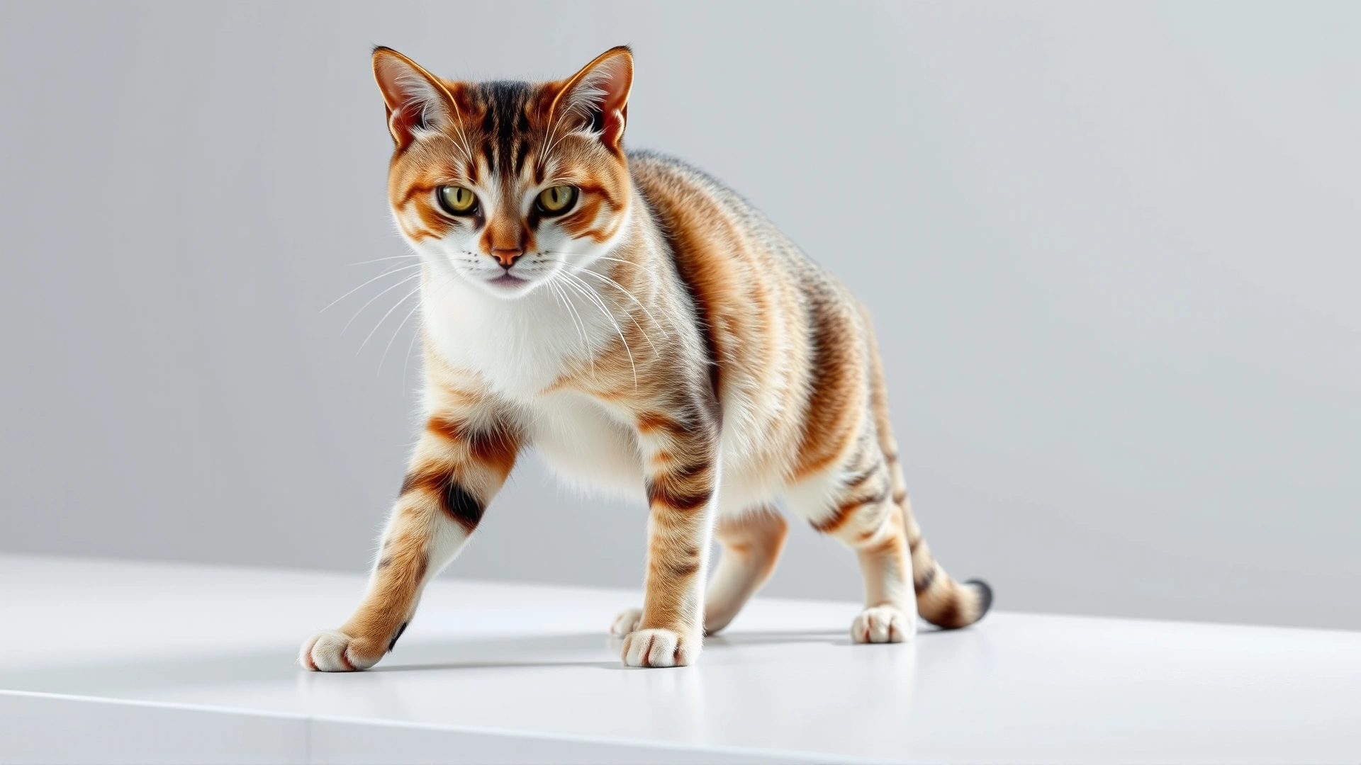 Domestic cat standing on a white surface showing mild tremors; slight motion blur to convey shaking; neutral background; no text