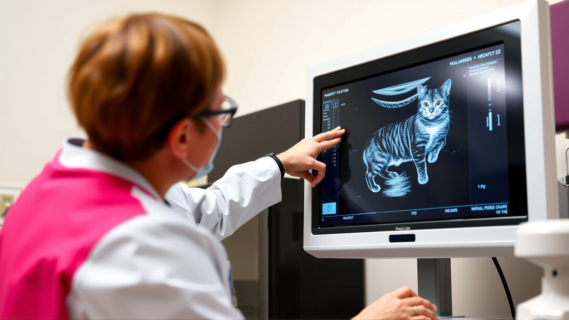 Veterinarian pointing at ultrasound monitor displaying an enlarged fluid-filled uterus of a cat, no text on screen, clinic setting
