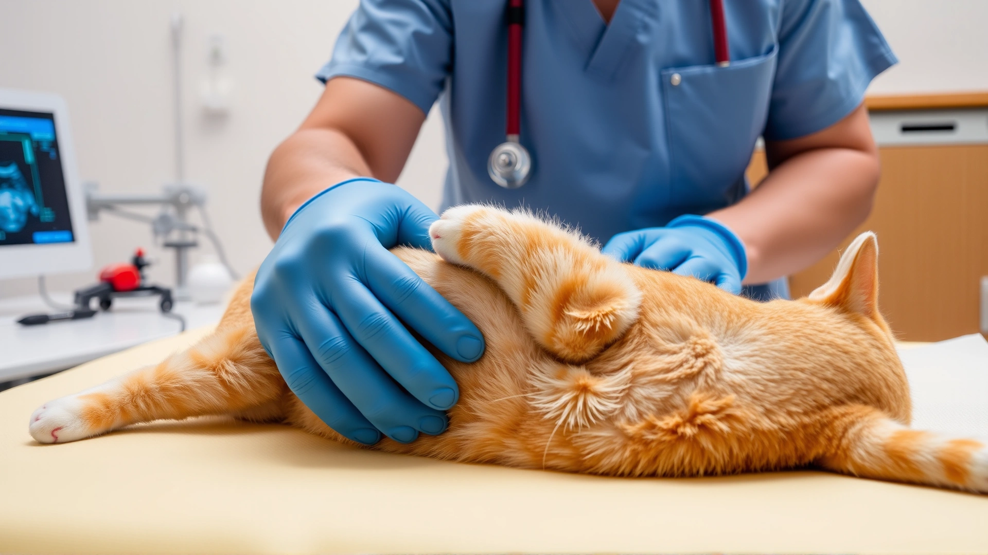 Veterinary technician performing an abdominal ultrasound on an orange cat lying on its back, screen slightly visible but without text