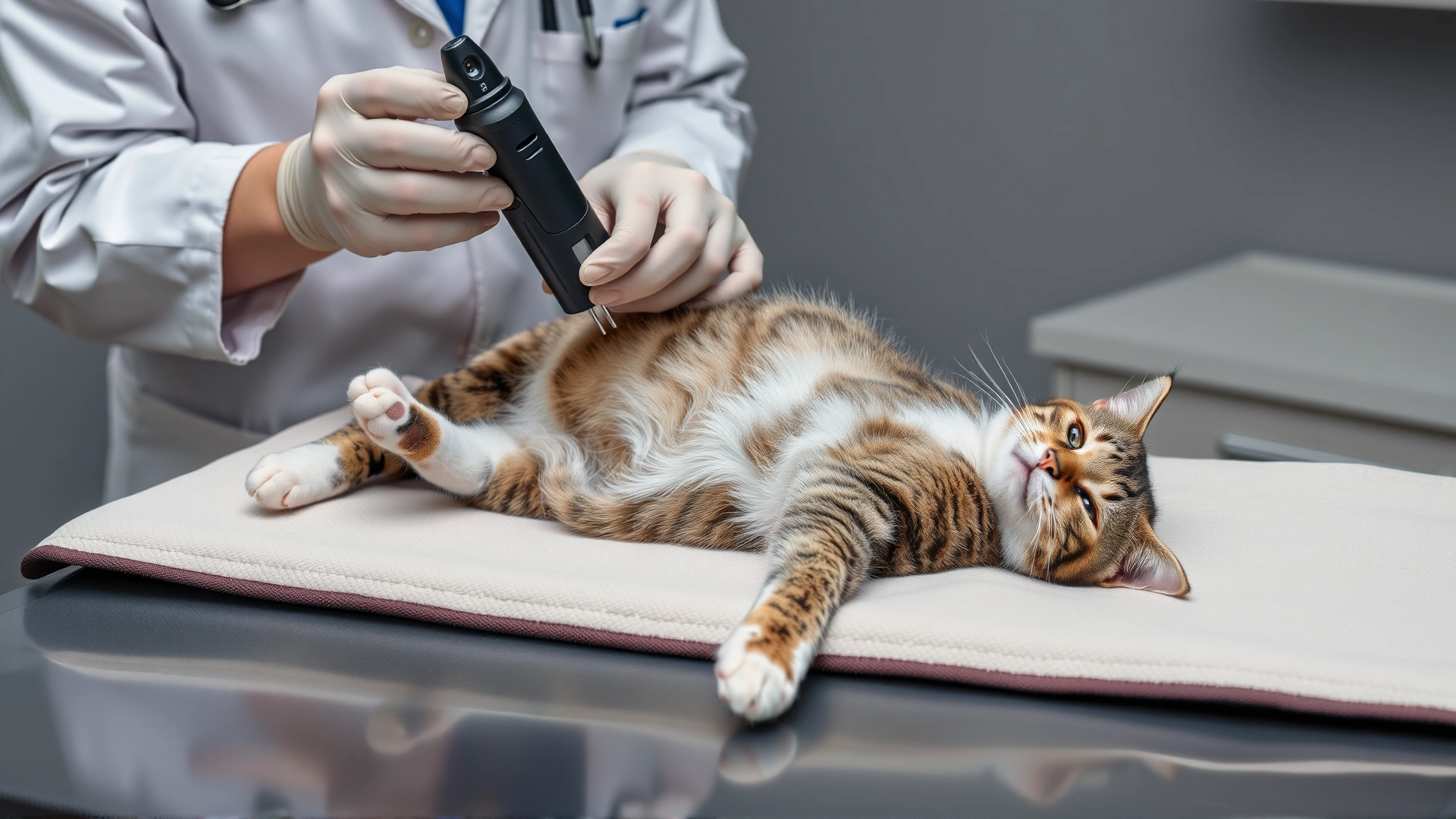 Photo of a veterinarian performing an abdominal ultrasound on a calm cat lying on its back on a padded table
