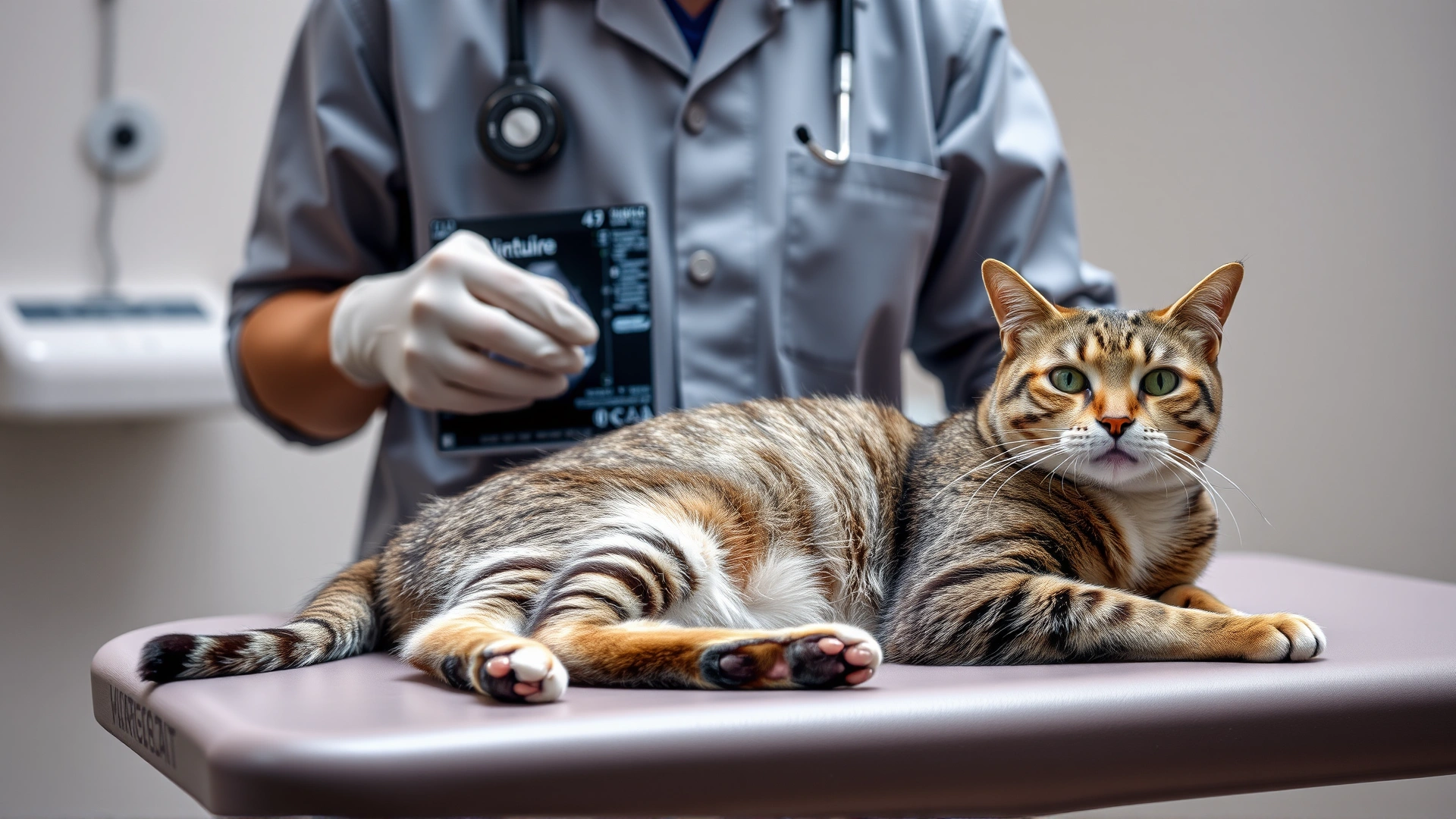 Veterinarian performing abdominal ultrasound on a calm adult domestic shorthair cat on an exam table