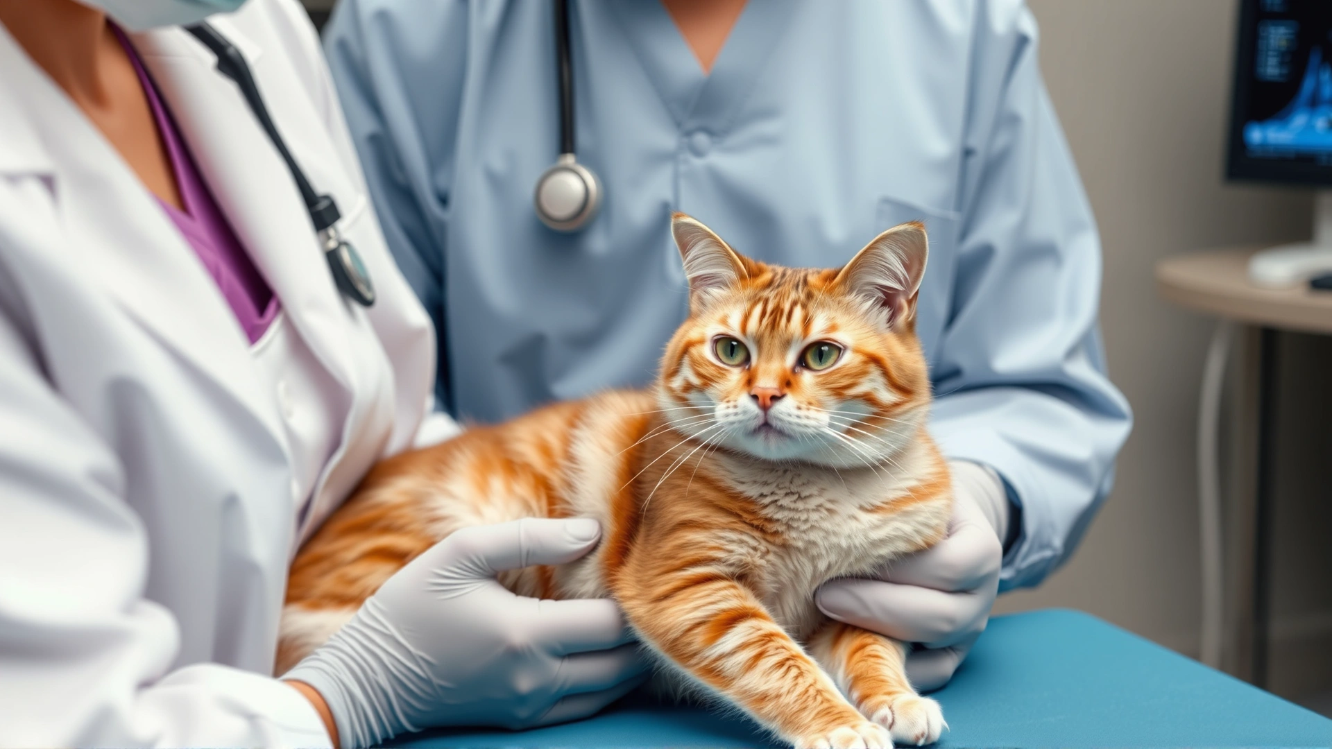 Veterinarian performing an abdominal ultrasound on a calm cat to detect bladder stones.