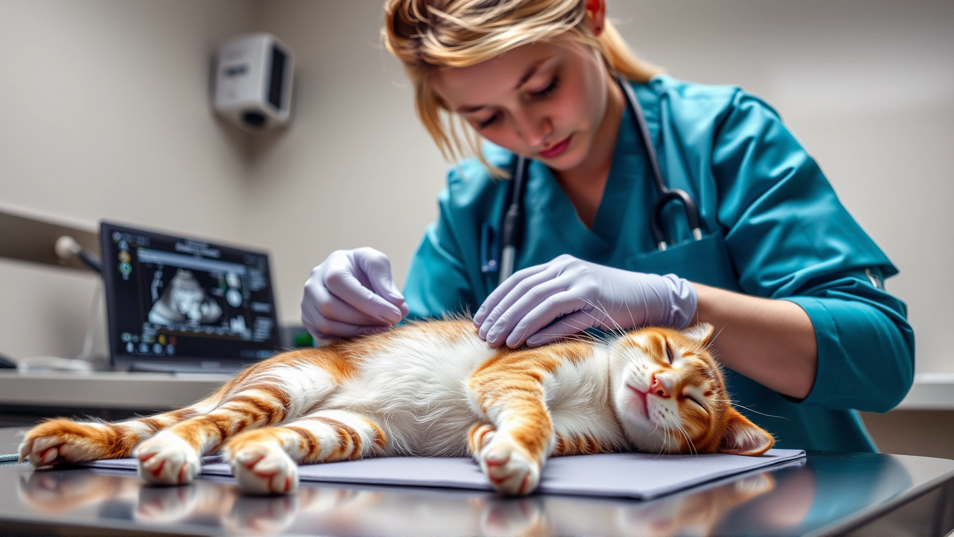 A veterinary technician performing an abdominal ultrasound on a calm cat lying on its side, clinic setting with soft lighting.