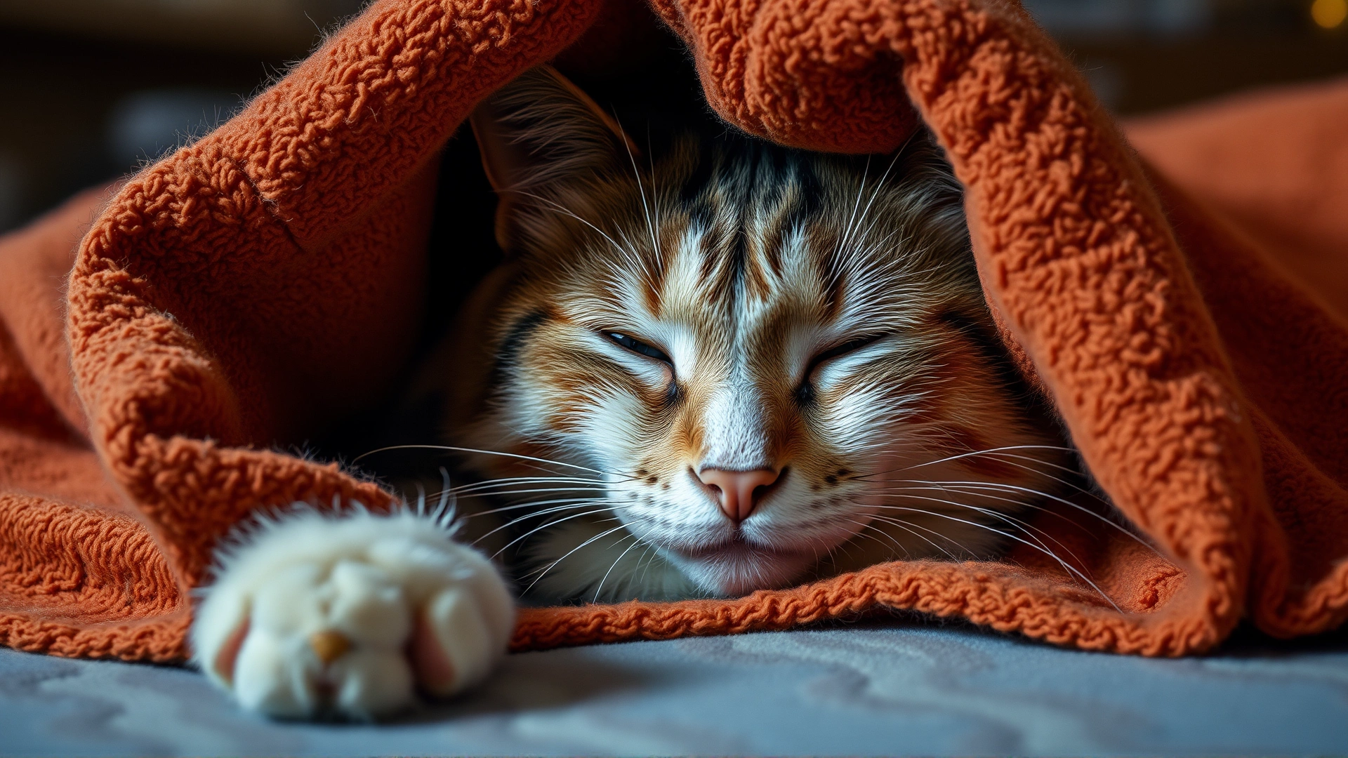 A lethargic cat lying under a warm blanket, eyes half-open, subtle indoor lighting to convey fatigue.