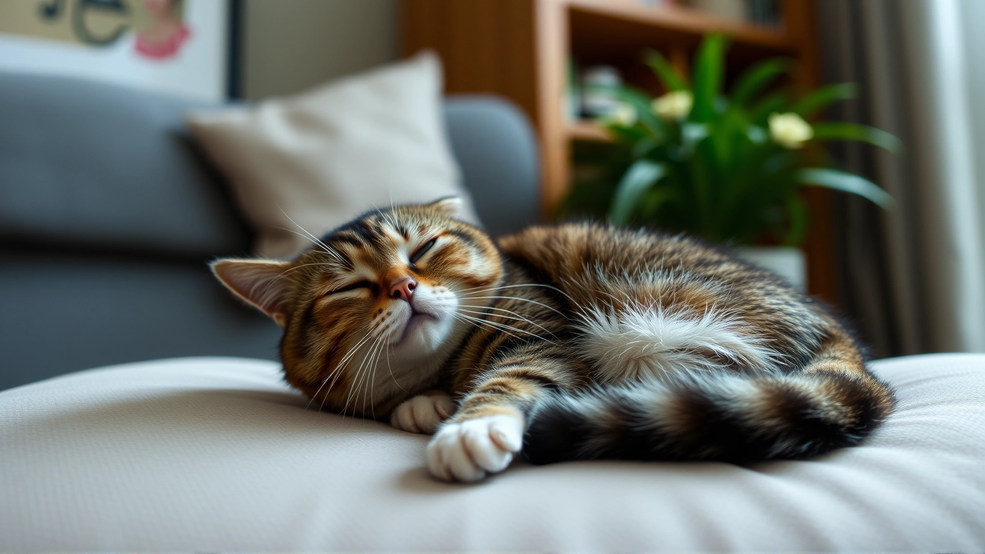 Indoor scene of a domestic short-haired cat looking nauseous and resting on a cushion, illustrating possible side effects
