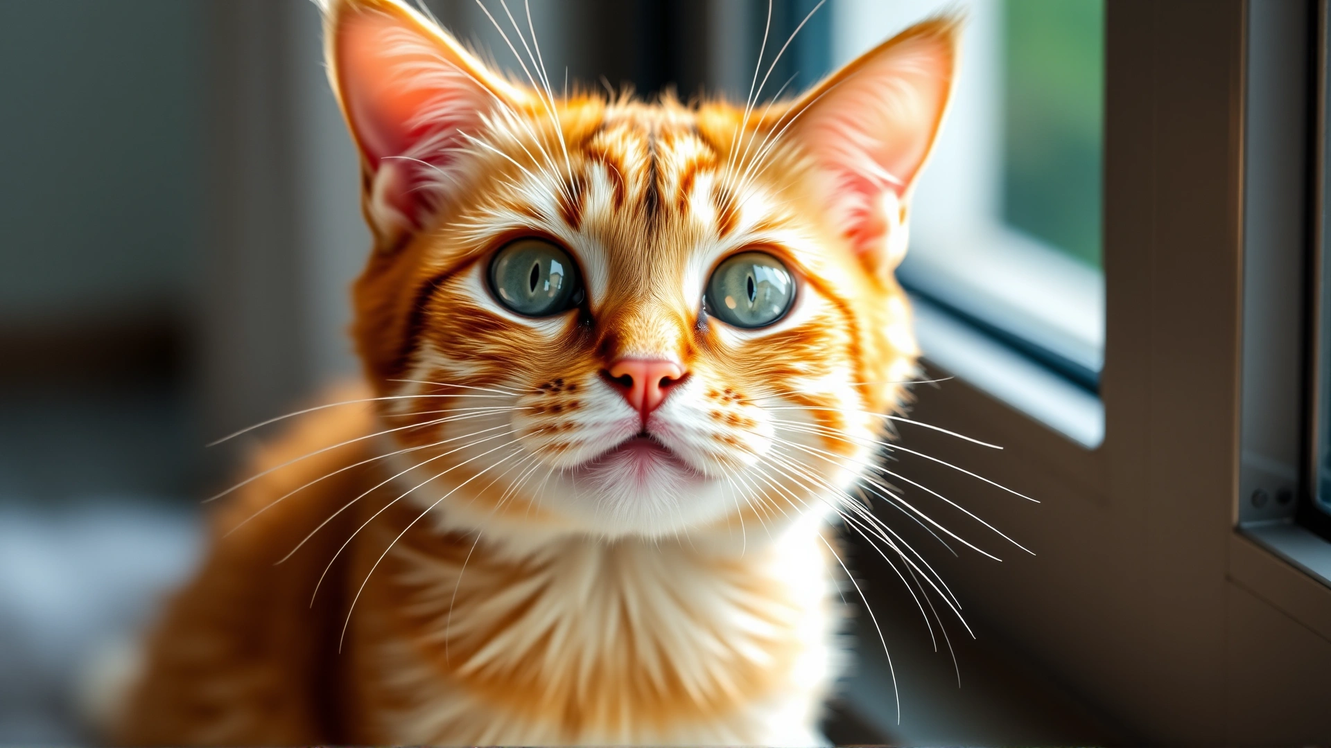 Domestic cat with watery eyes and slight nasal discharge sitting on a windowsill, illustrating feline herpesvirus symptoms